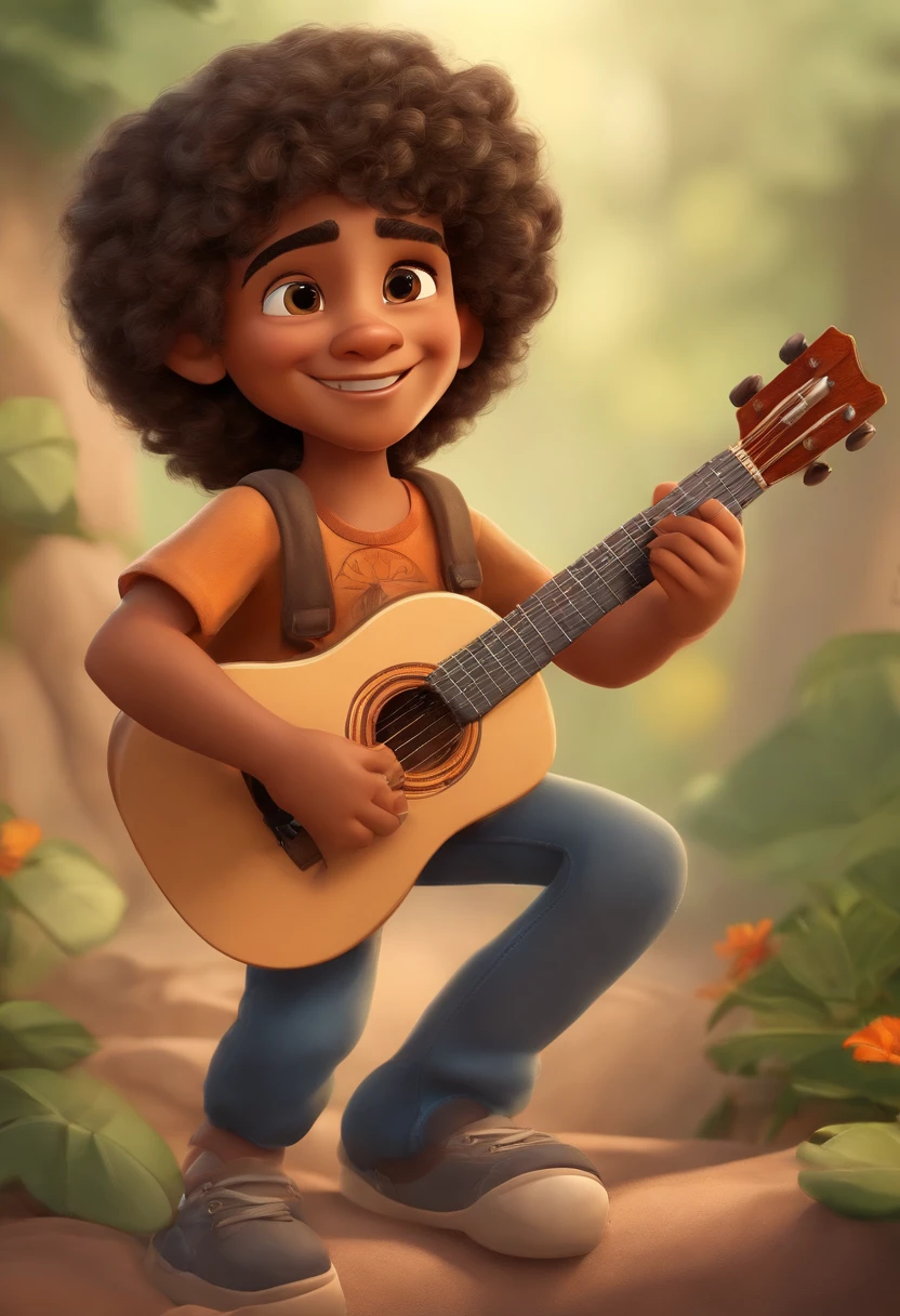 crie um banner no estilo Pixar. A boy with Indian features, moreno pardo com cabelos curtos, Castanhos escuros, Curly and slightly grayish appearance, mas jovem, usando uma camiseta, Wearing jeans and holding a classical guitar with 7 strings.