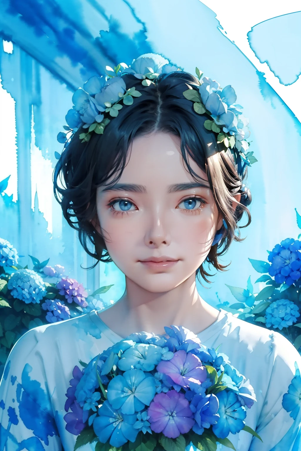 1girl, wearing hydrangea blue flower on her head, Lisianthus ,in the style of light blue and cobalt, dreamy and romantic compositions, pale pink, ethereal foliage, playful arrangements,fantasy, high contrast, ink strokes, explosions, over exposure, blue and light blue tone impression , abstract, ((watercolor painting by John Berkey and Jeremy Mann )) brush strokes, negative space