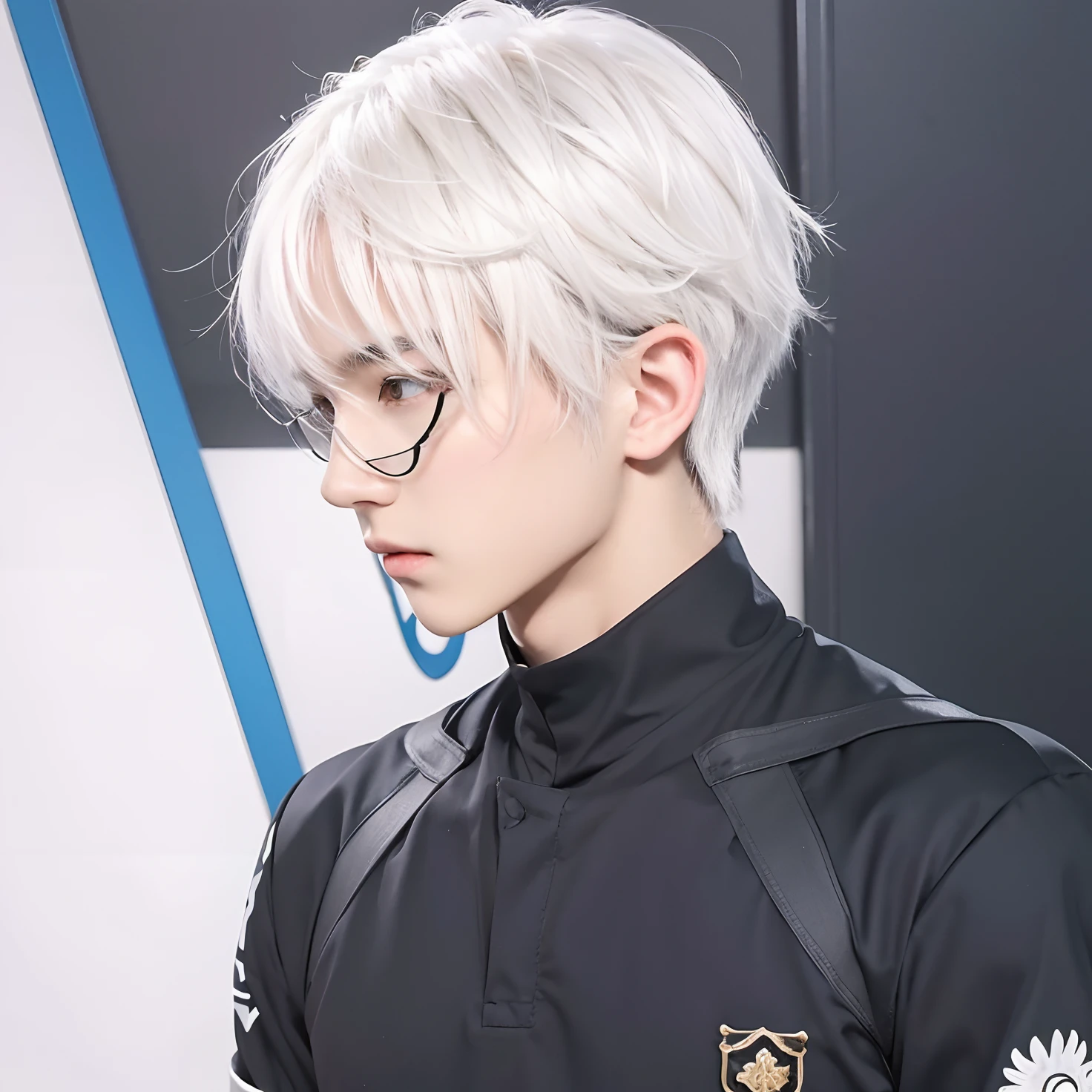 A boy with realistic white hair, exactly the same hairstyle, realistic brown eyes, realistic Korean handsome face, realistic cool expression, adapts exactly the same clothes,Realistic light, realistic shadows, realistic background,Real long bangs