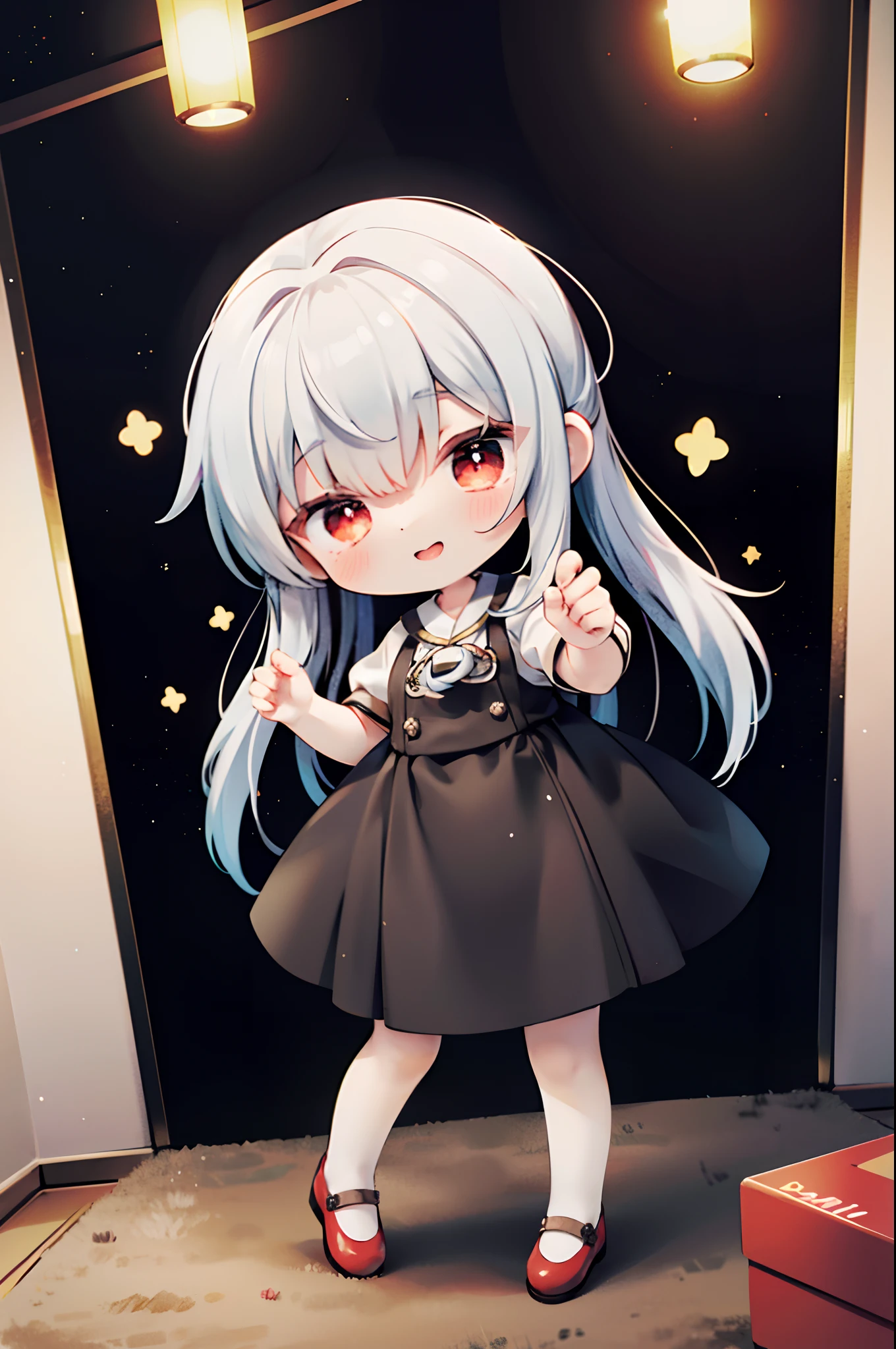 Place one small doll on a circular stand、A smile、Chibi Doll、Stars in the eyes(kirakira)、Pastel colors、Raise your right hand、Eye Up、Laugh、Cute red shoes、Ultra Detail, radiant light、bio luminescent、Taken from the side、Stronger bokeh effect