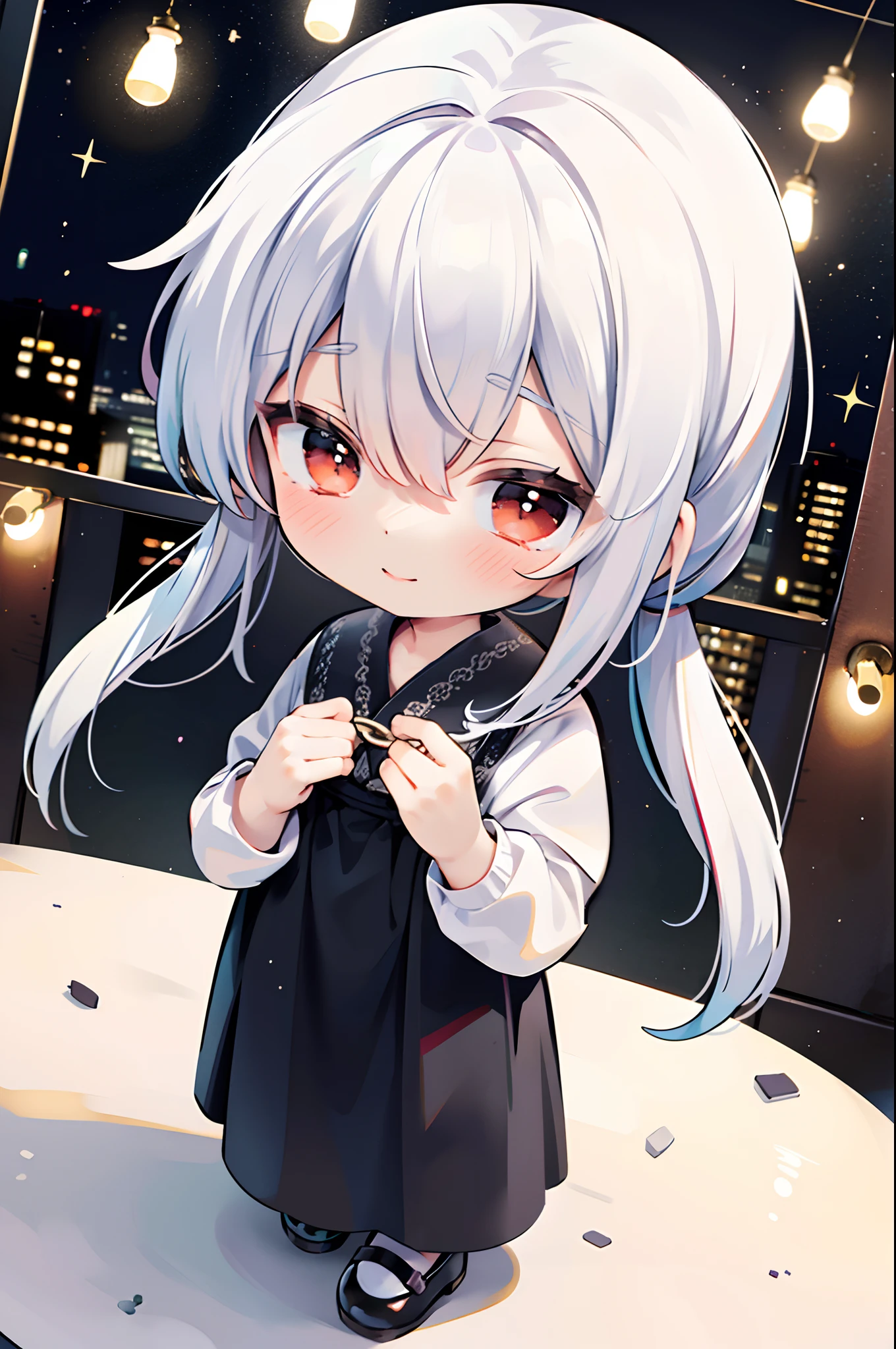 Place one small doll on a circular stand、A smile、Chibi Doll、Stars in the eyes（kirakira）、Pastel colors、Raise your right hand、Eye Up、Laugh、Cute red shoes、Ultra Detail, radiant light、bio luminescent、Taken from the side、Stronger bokeh effect