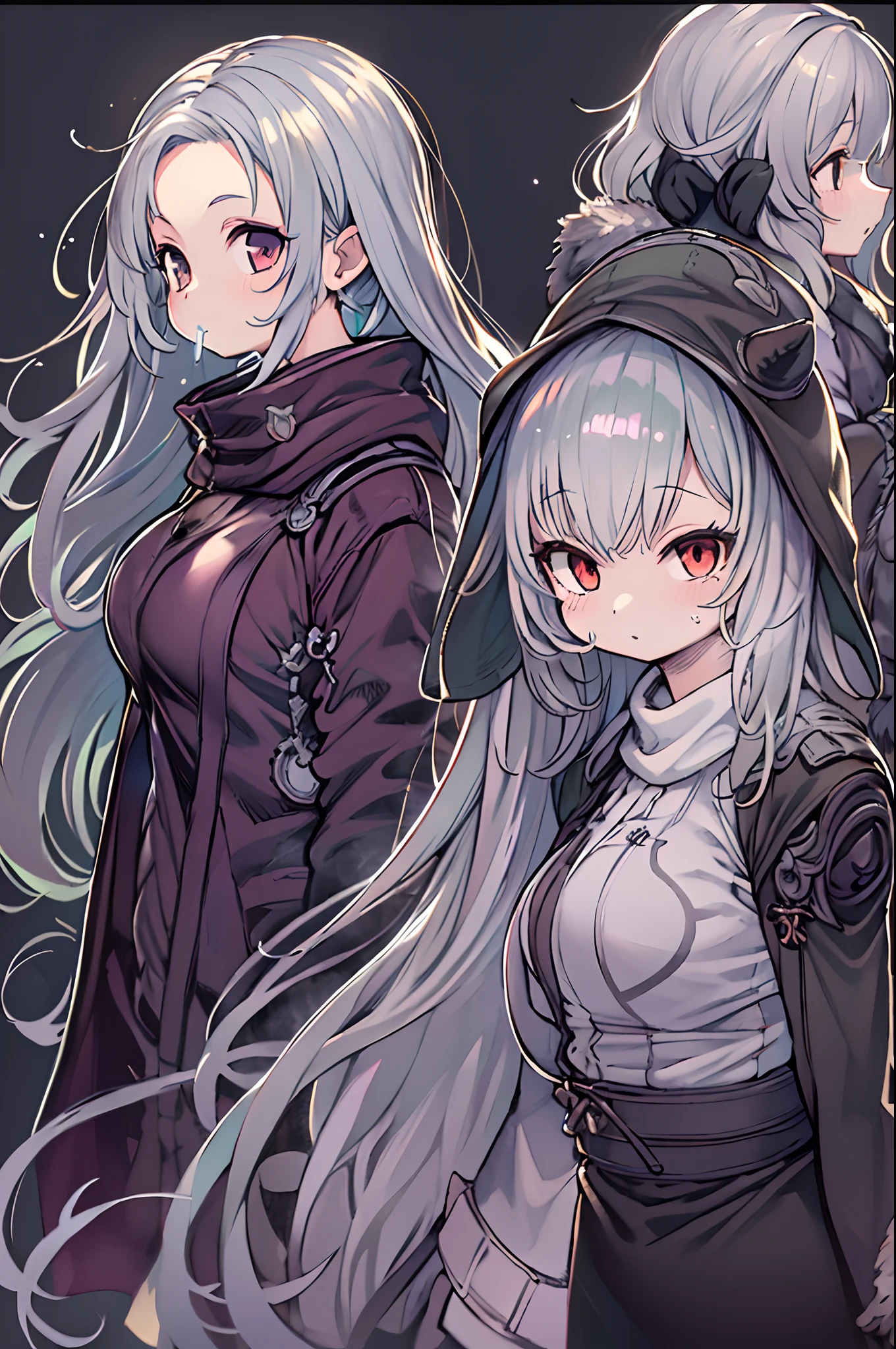 masutepiece, Great fashion, (Fashion Costumes), (Illustration), (2 people),(2girls:1.3) 、12-year-old young couple, lesbian、Girls to girls、(Russian mil style), Fashion, Silver hair, (Long hair), (hair messy), (White skin), (dark circles), Handsome, Dance Steps, trending, dark gray,, close up, (grand background), (Chiaroscuro)), Fine facial details, Facial details, Cinematic lighting, (depth of fields), nffsw, (Upper body), Black background、Chibi