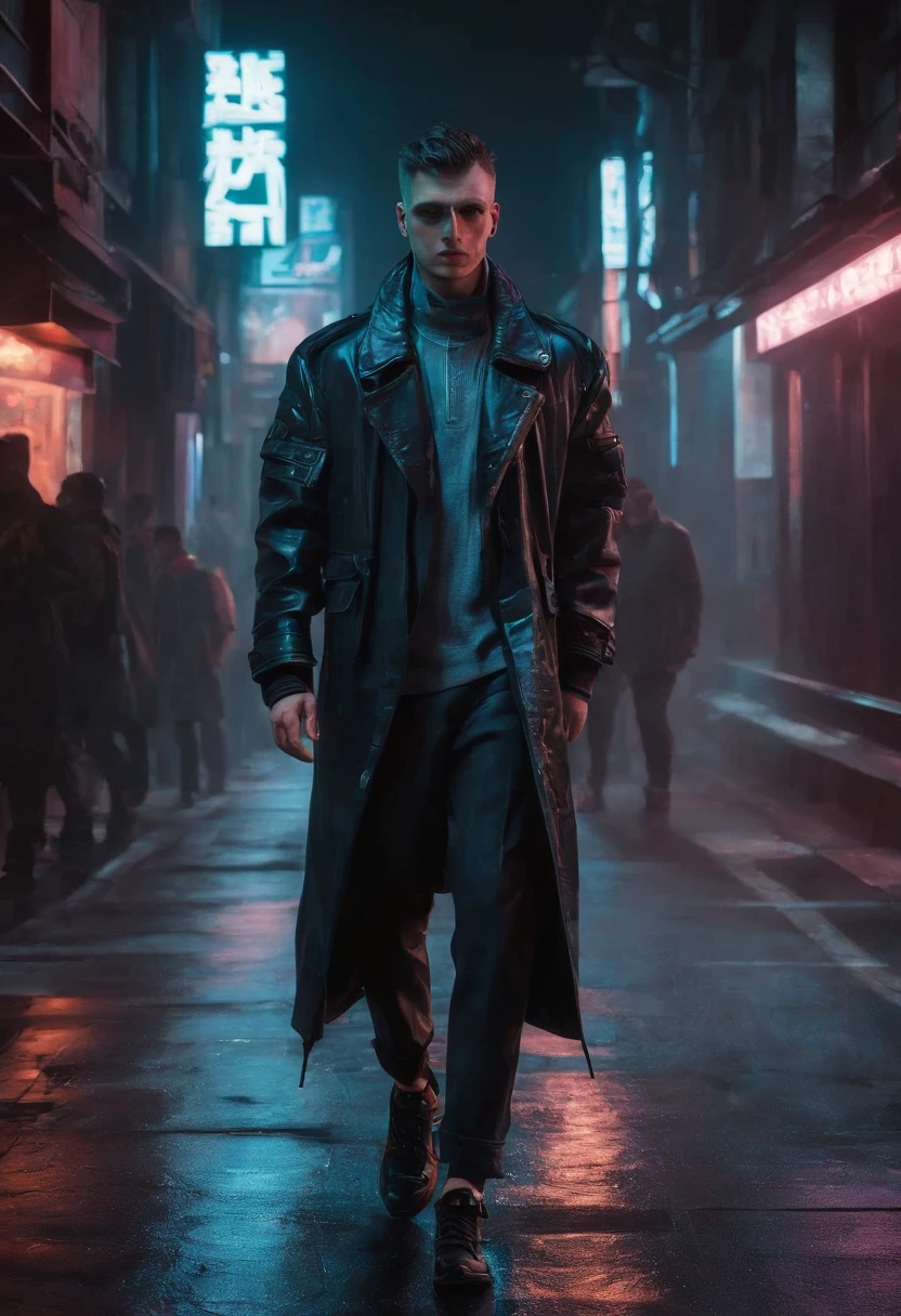 Man walking on the street at night, cyberpunk blade runner art, in the cyberpunk city, cyberpunk street, cyberpunk art style, futuristic street, cyberpunk themed art, Detailed Neon Cyberpunk City, Cyberpunk in Cyberpunk City, Cyberpunk dream landscape, in a futuristic cyberpunk city, Cyberpunk City, cyberpunk city street, busy cyberpunk metropolis, futuristic city street, cyberpunk vibe