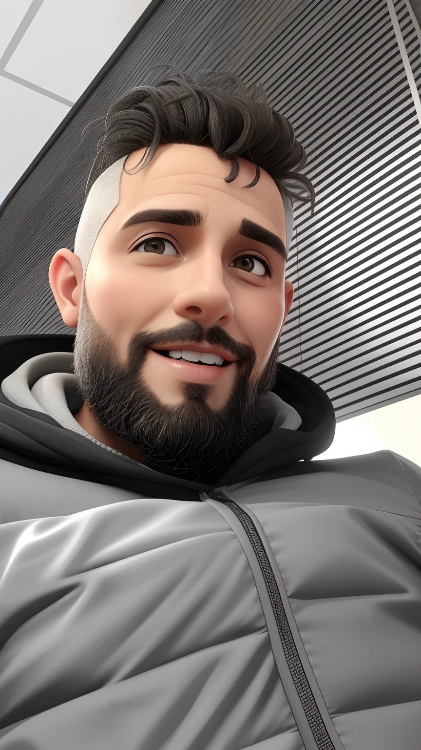 Um homem de 44 anos, com cabelos castanhos escuro curtos, face de diamante, olhar rigoroso, e olhos castanhos escuro, vestindo camisa preta, pele parda, olhar sedutor, estilo pixxar 3d, torax forte, barba cheia, sorriso contagiante, desenho muito parecido com a foto,