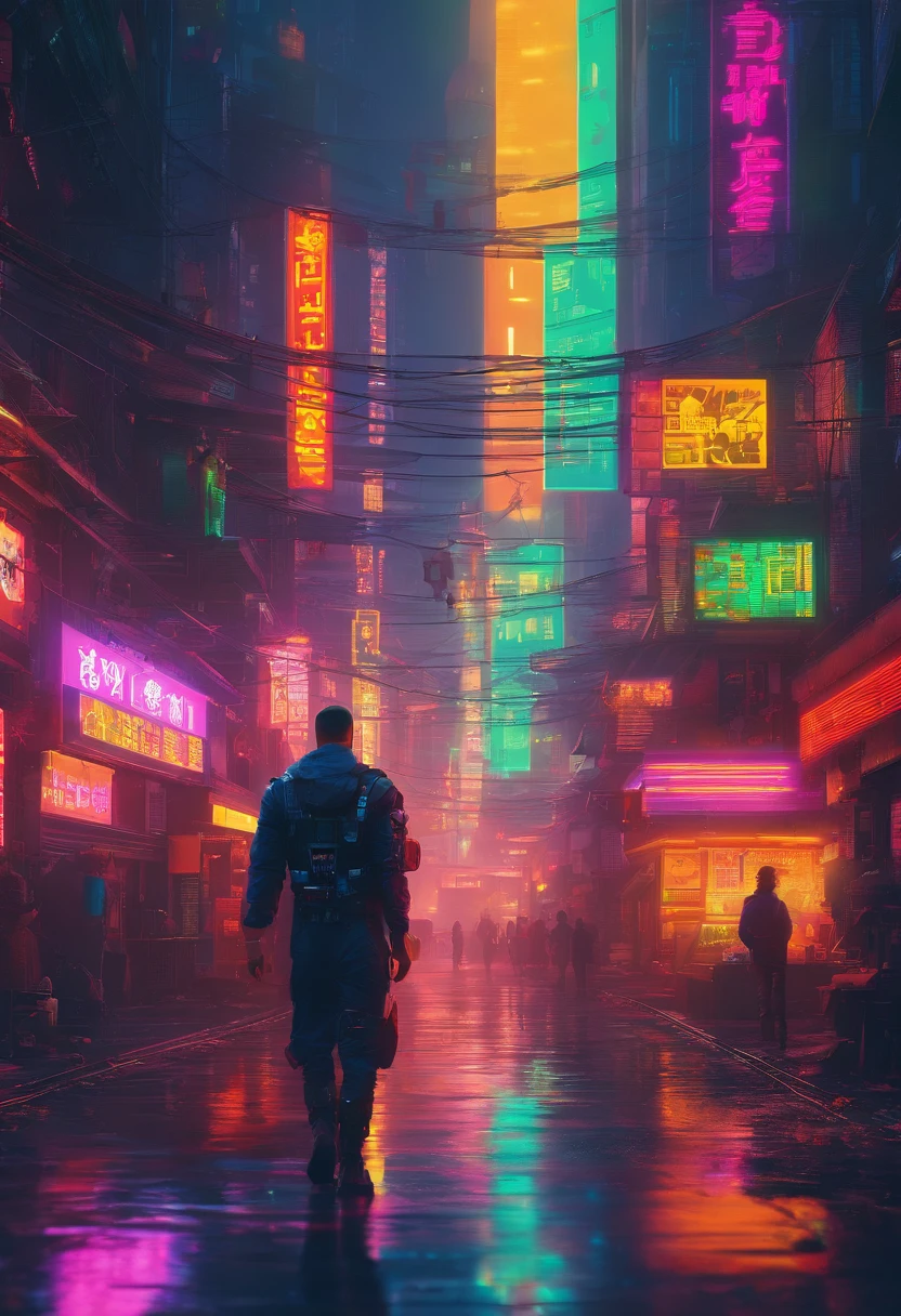 Man walking on the street at night, cyberpunk blade runner art, in the cyberpunk city, cyberpunk street, cyberpunk art style, futuristic street, cyberpunk themed art, Detailed Neon Cyberpunk City, Cyberpunk in Cyberpunk City, Cyberpunk dream landscape, in a futuristic cyberpunk city, Cyberpunk City, cyberpunk city street, busy cyberpunk metropolis, futuristic city street, cyberpunk vibe