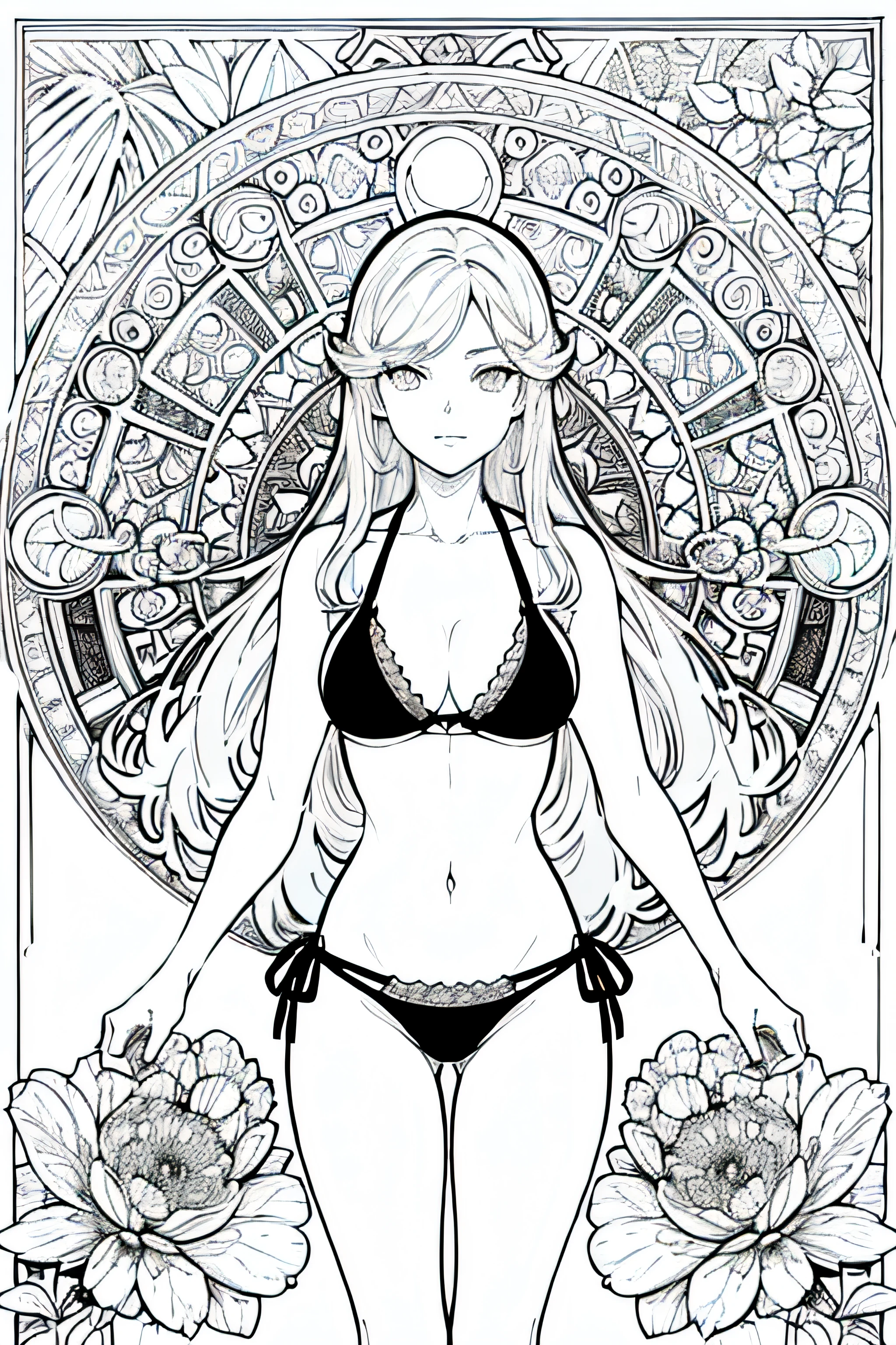 A gorgeous bikini model, long hair, blonde, tropical frame, decorative panel, abstract
Art by Alphonse Mucha, sketch, black and white coloring book page, character lines and scenes without colors and shadows.
(Masterpiece, Best Quality, Highres:1.4), Detailed, Intricate Details, 4K, color splashes, line art, fibonacci,