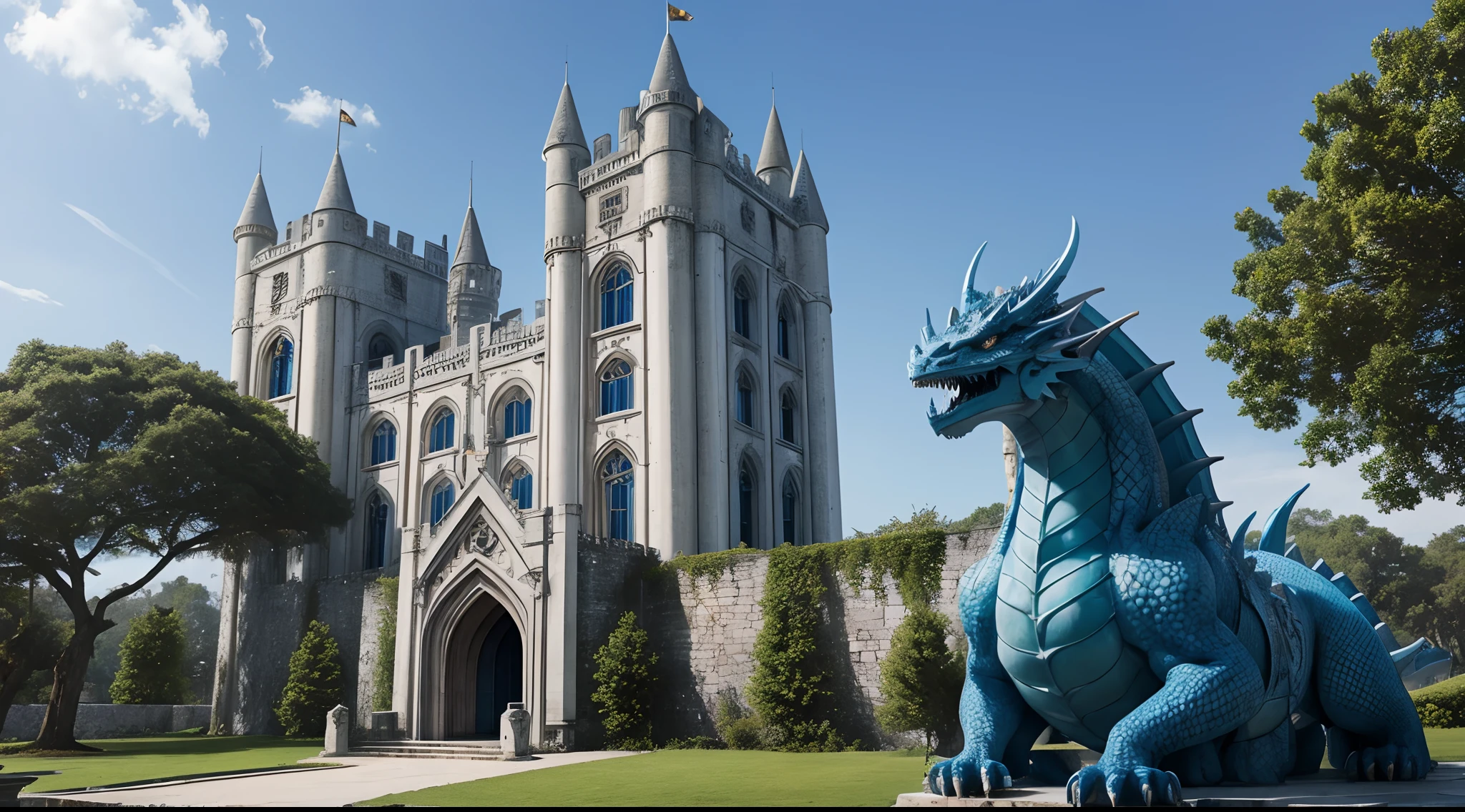 Marble castle, With a bluish dragon resting at the top of the central tower, External view
