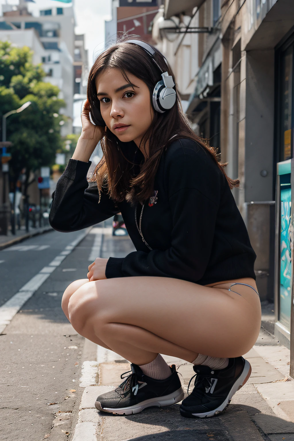 (master part), (best quality, Altas, altamente detalhado, illustration), 1girl, sozinho, cidade, contemporary, closeup da foto do perfil, loiro bege cabelo longo, olhos verdes, belos olhos detalhados, squatting, headphones on head, 8k, trending on ArtStation, Destaque no Pixiv