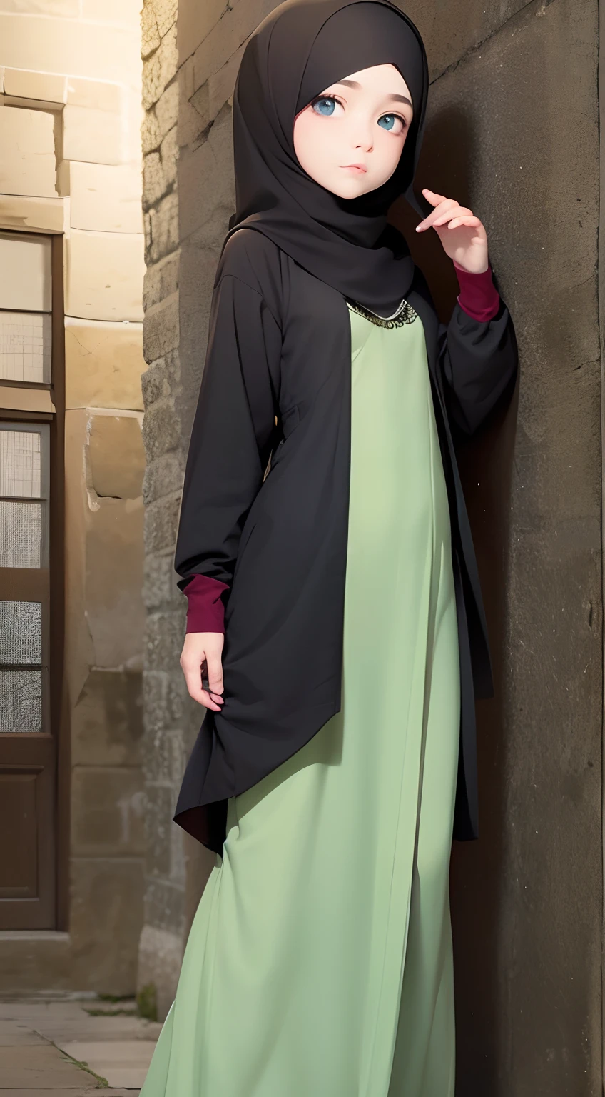 Muslim girl, palestenian, long drees, slice of, green, red, black, shining beutiful eyes