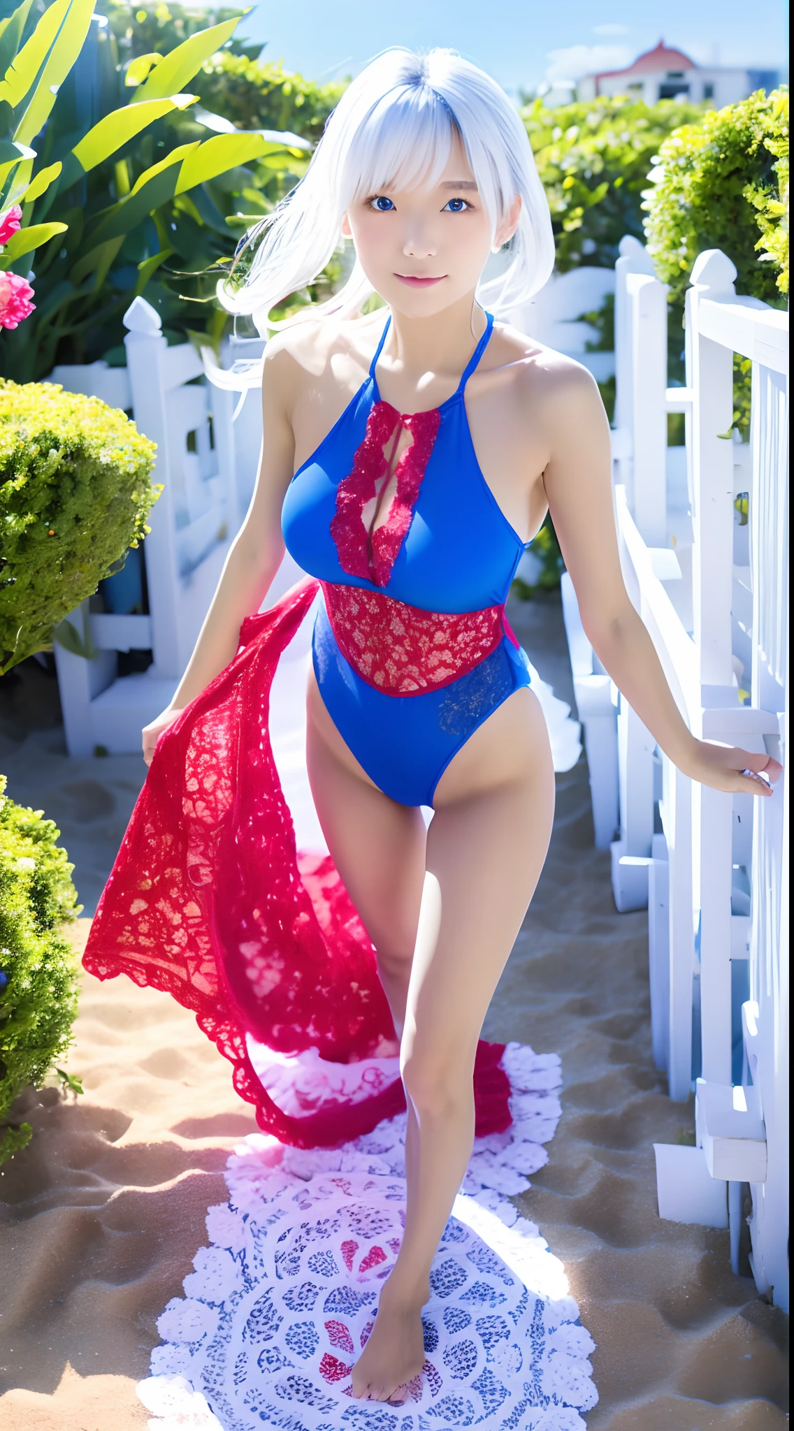 White floor、Vivid blue sky、Bright Red Lace Swimsuit、、outside of house、sand beach、white hair
