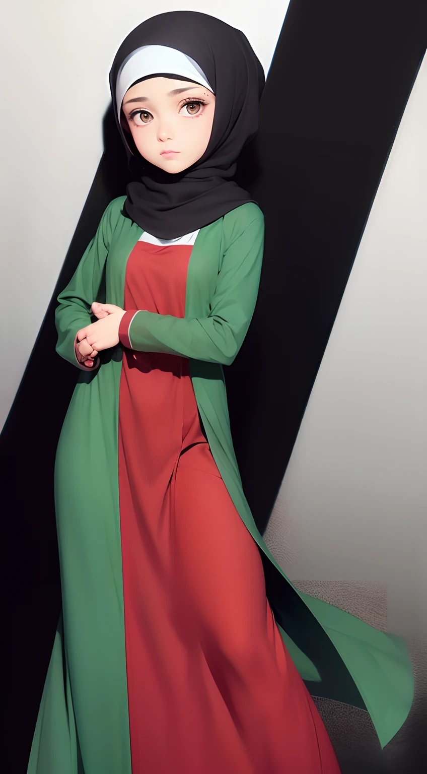 Muslim girl, palestenian, long drees, slice of, green, red, black, shining beutiful eyes