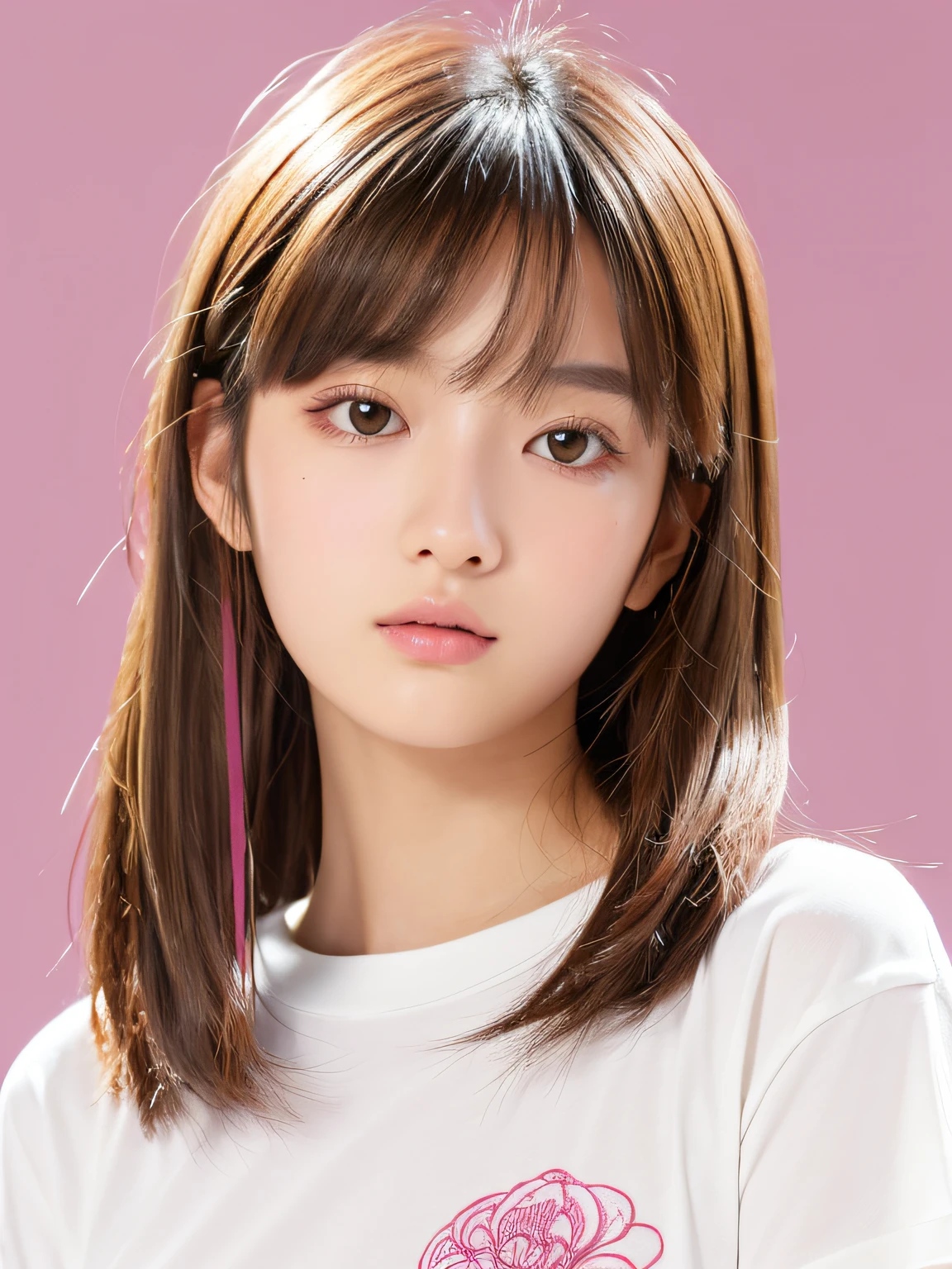 (masutepiece),(Best Quality:1.1),(Ultra-detailed),Best Illustration,finely detail,(Portrait:1.1),(intense close-ups),Sticky image fluffy,1girl in,Solo,15 years old,slim,(extremely delicate and beautiful face),(detailed pink eyes),pink thick lips,(disheveled hair),(Wearing a baggy T-shirt),Soft and lazy,(Simple background:1.2)Whole color background,Clear,4K