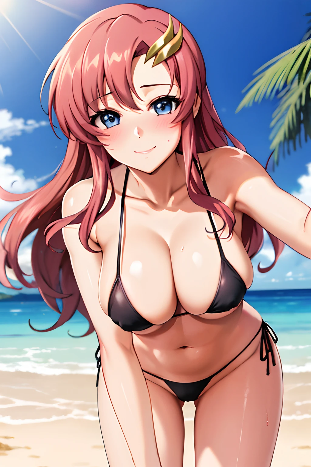 masterpiece, top-quality, Hi-Res, animesque, lacus4, 1girl in, 独奏, length hair, ((Black Micro Bikini:1.2)), String bikini, hair adornments, A pink-haired, blue eyess, A smile, Blushing cheeks, large full breasts, cleavage of the breast, Tropical Beach, squinted, looking at the viewers, sexy pose