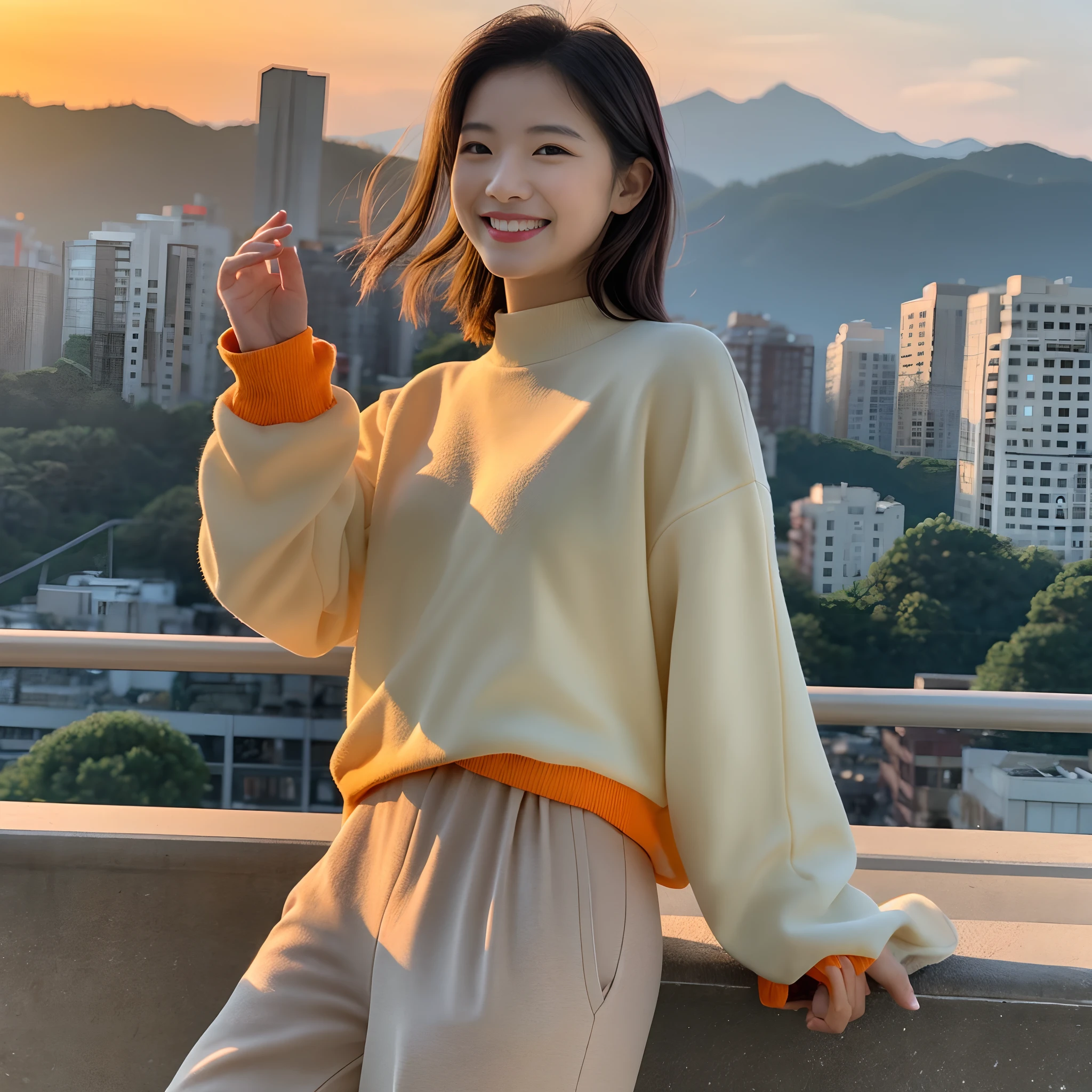nffsw, nffsw, Ray traching, Radio City, Anisotropy Filtering, 16 K, Best Quality, masutepiece,1girl in, Solo, 21 only, Beautuful Women, Fashionable long-sleeved clothing,Fashionable long pants、 Gradient Middle Hair, Perfect, Convoluted、Happy smile、A gesture that looks a little cold、Orange Sunrise、The background is a mountainous area
