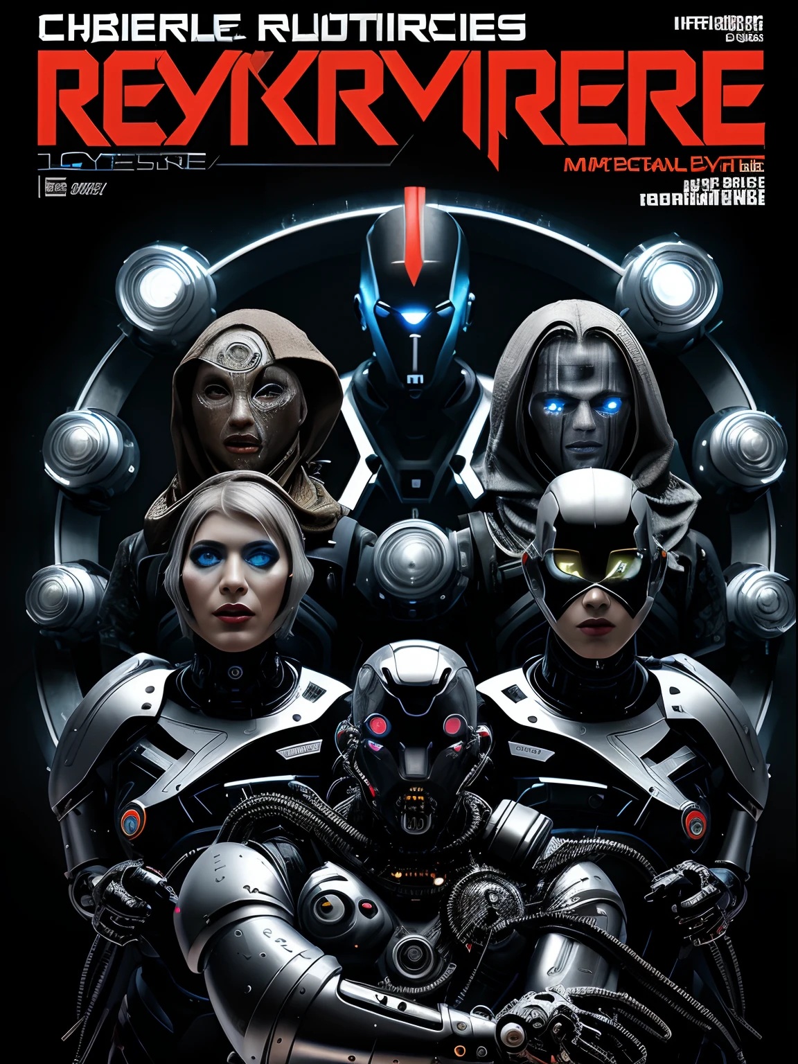 Cybernetic Revolutionaries, european male, magazine cover, poster art , Lovecraftian horror tattoos, bold huge text, matted design layout, strong, bold inking techniques, Metallic Silver and Gunmetal Gray: These colors are often used to represent the metallic components of cyborgs, giving them a sleek and futuristic appearance.