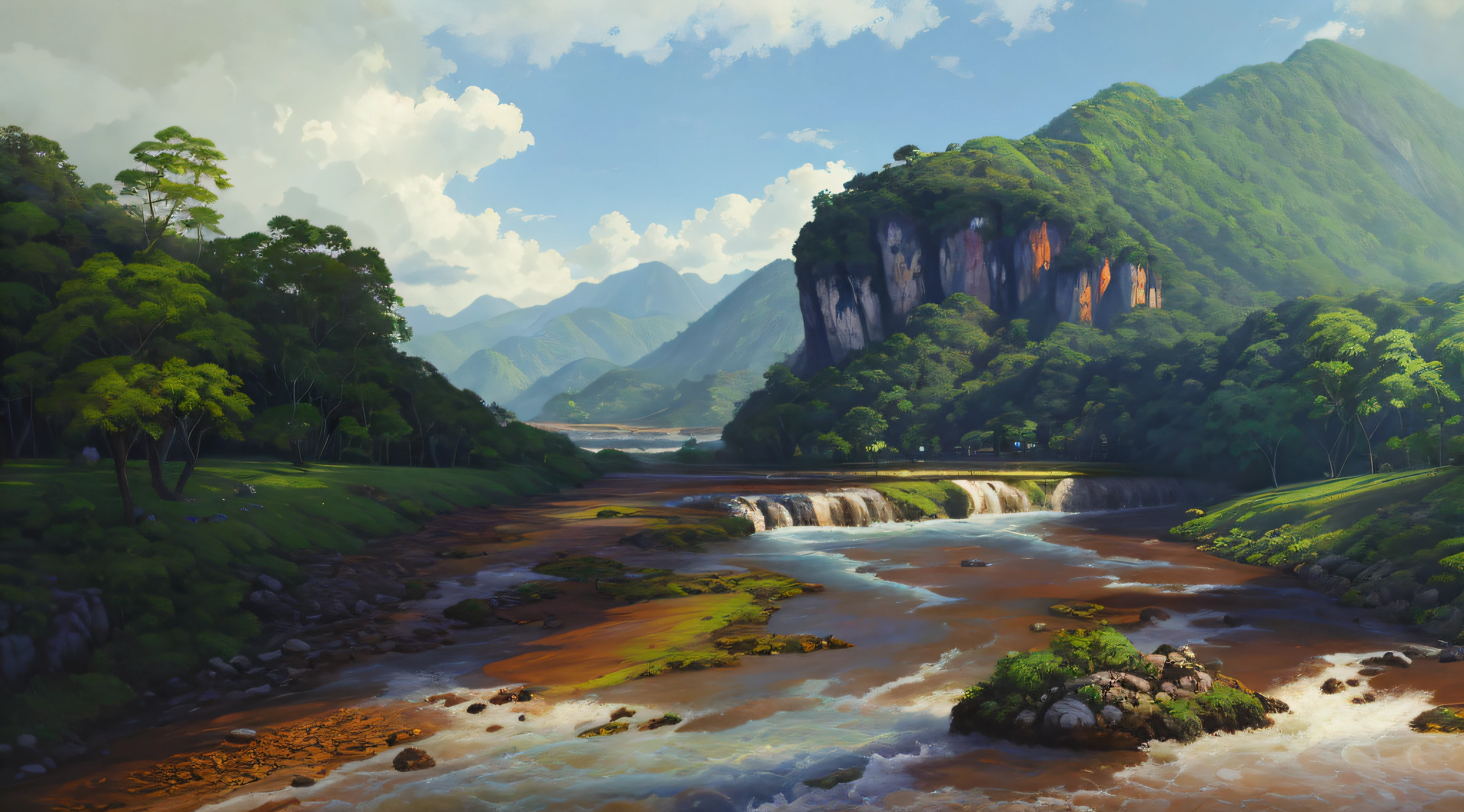 pintura de um rio que atravessa um vale verde exuberante com montanhas ao fundo, colinas fluidas, 8k resolution digital painting, 8k resolution digital painting, Pintura digital 4K, Pintura digital 4k, pintura digital detalhada, baixo detalhamento. pintura digital, Pintura Digital de Alto Detalhe, peaceful landscape, rio, trees and hills, pintura detalhada 4K, pintura digital 4k