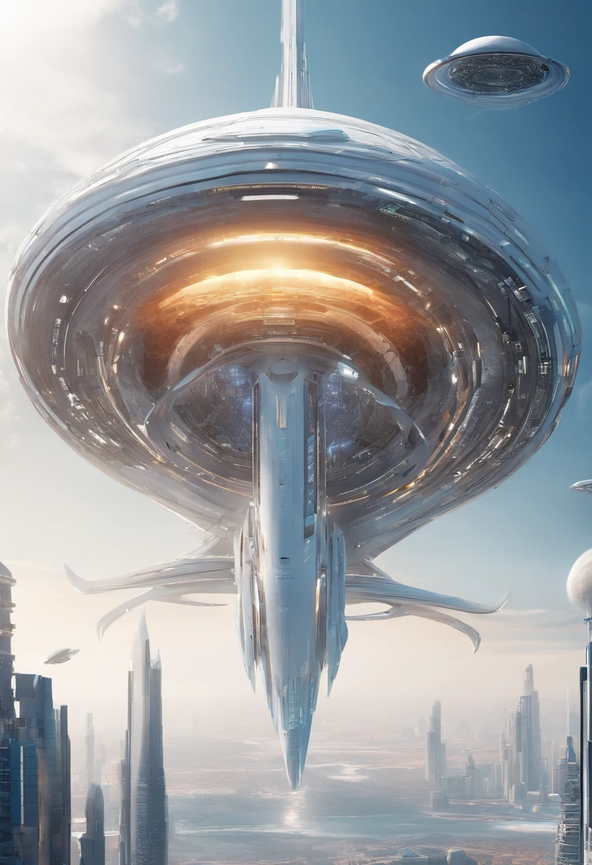 Futuristic alien spaceship, flying over Xalood with new planets in space, white sky, white backlight, sateen, zipper, hyper realistic, highly detailed, 8K, with a clean white background.