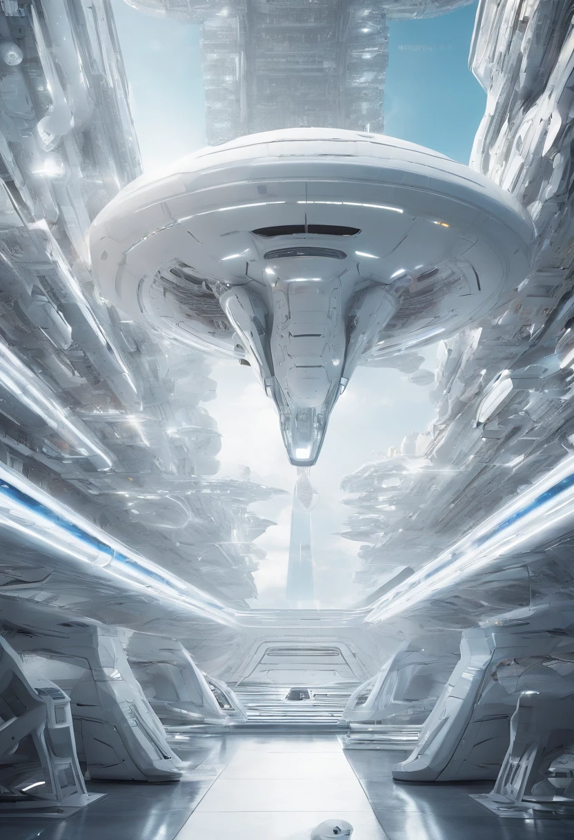 Futuristic alien spaceship, flying over Xalood with new planets in space, white sky, white backlight, sateen, zipper, hyper realistic, highly detailed, 8K, with a clean white background.