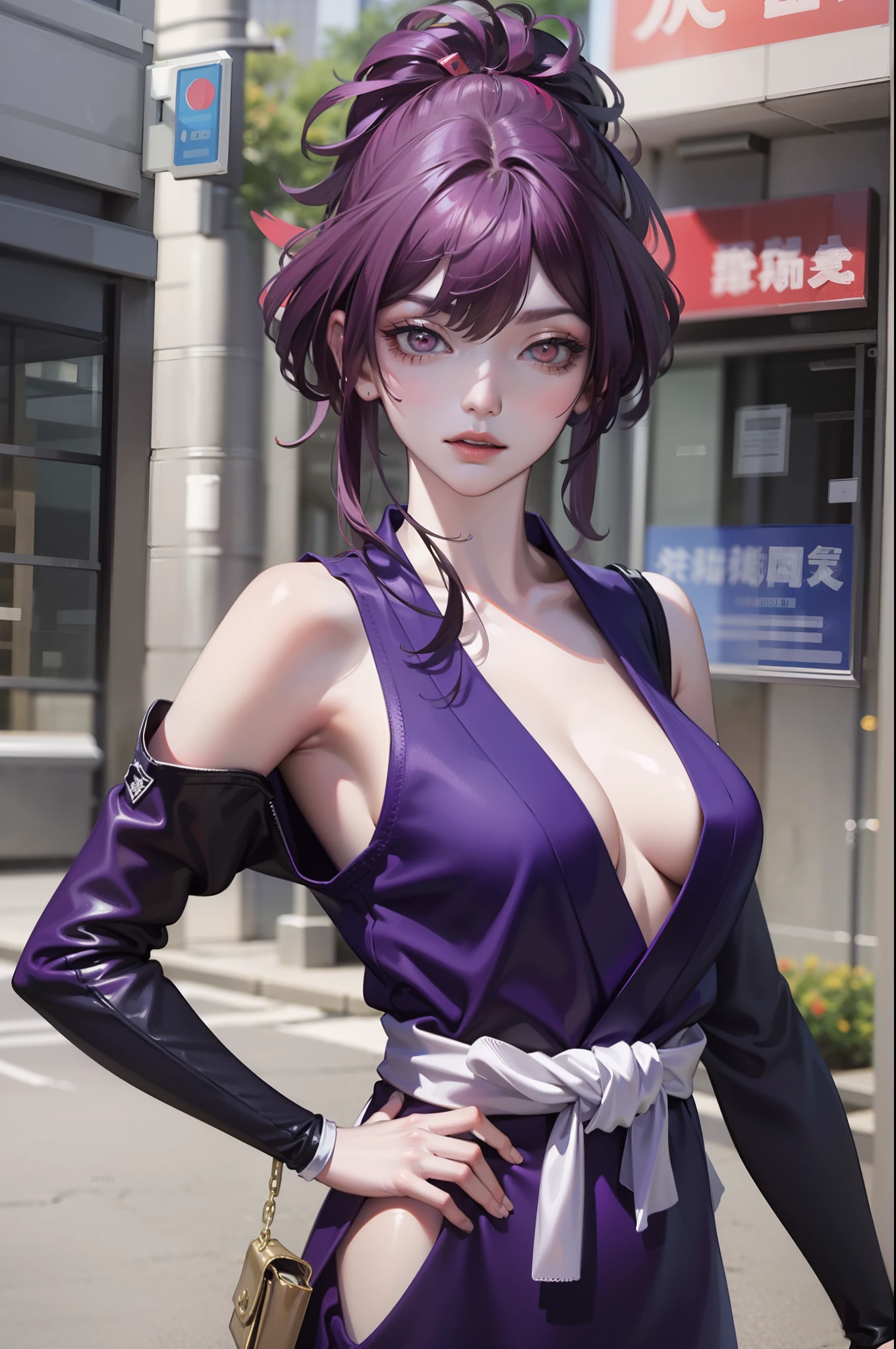 1girl, blunt bangs, braid, wide sleeves, hair decoration, japanese clothes, Obi's Red, (purple hair:1.2), very long hair, Straight Hair, looking at the scenes, extremely detailed background, (realistic photo:1.2), detailled eyes, red eyeshadow, Depth-of-field，thigh, (ulzzang-6500:0.7), Upper body, (独奏:1.2), (Cyberpunk city:1.1), cleavage, (Finger on lips:1.1),Lustrous Skin