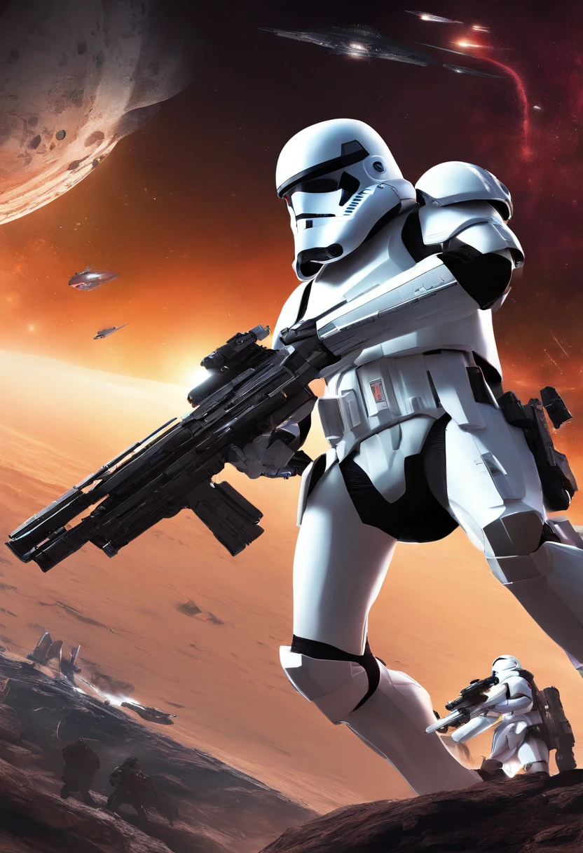 (best quality,highres:1.2),ultra-detailed,(realistic:1.37),portrait:1.1,Star Wars Stormtrooper,white armor,sharp focus,glistening helmet,precise details,menacing visage,battle-worn,heavy blaster rifle,imposing stature,eerie presence,galactic battle,ominous backdrop,dystopian ambiance,dramatic lighting,dark shadows,intense contrast,vivid colors,sci-fi genre-icon,set in the vastness of space,empire,imperial symbol,interstellar war,alien planets,deep space exploration,starships,otherworldly technology,intergalactic adventure,courageous rebels,determined heroes,epic battle scenes,hidden hope amidst chaos,iconic franchise,legendary saga,mythical realm,pop culture phenomenon, galaxy background,