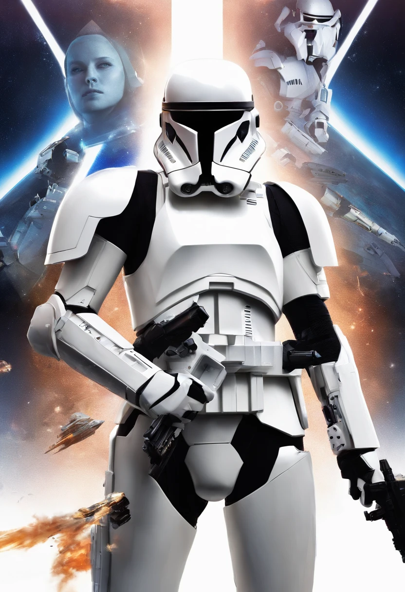 (best quality,highres:1.2),ultra-detailed,(realistic:1.37),portrait:1.1,Star Wars Stormtrooper,white armor,sharp focus,glistening helmet,precise details,menacing visage,battle-worn,heavy blaster rifle,imposing stature,eerie presence,galactic battle,ominous backdrop,dystopian ambiance,dramatic lighting,dark shadows,intense contrast,vivid colors,sci-fi genre-icon,set in the vastness of space,empire,imperial symbol,interstellar war,alien planets,deep space exploration,starships,otherworldly technology,intergalactic adventure,courageous rebels,determined heroes,epic battle scenes,hidden hope amidst chaos,iconic franchise,legendary saga,mythical realm,pop culture phenomenon, galaxy background,