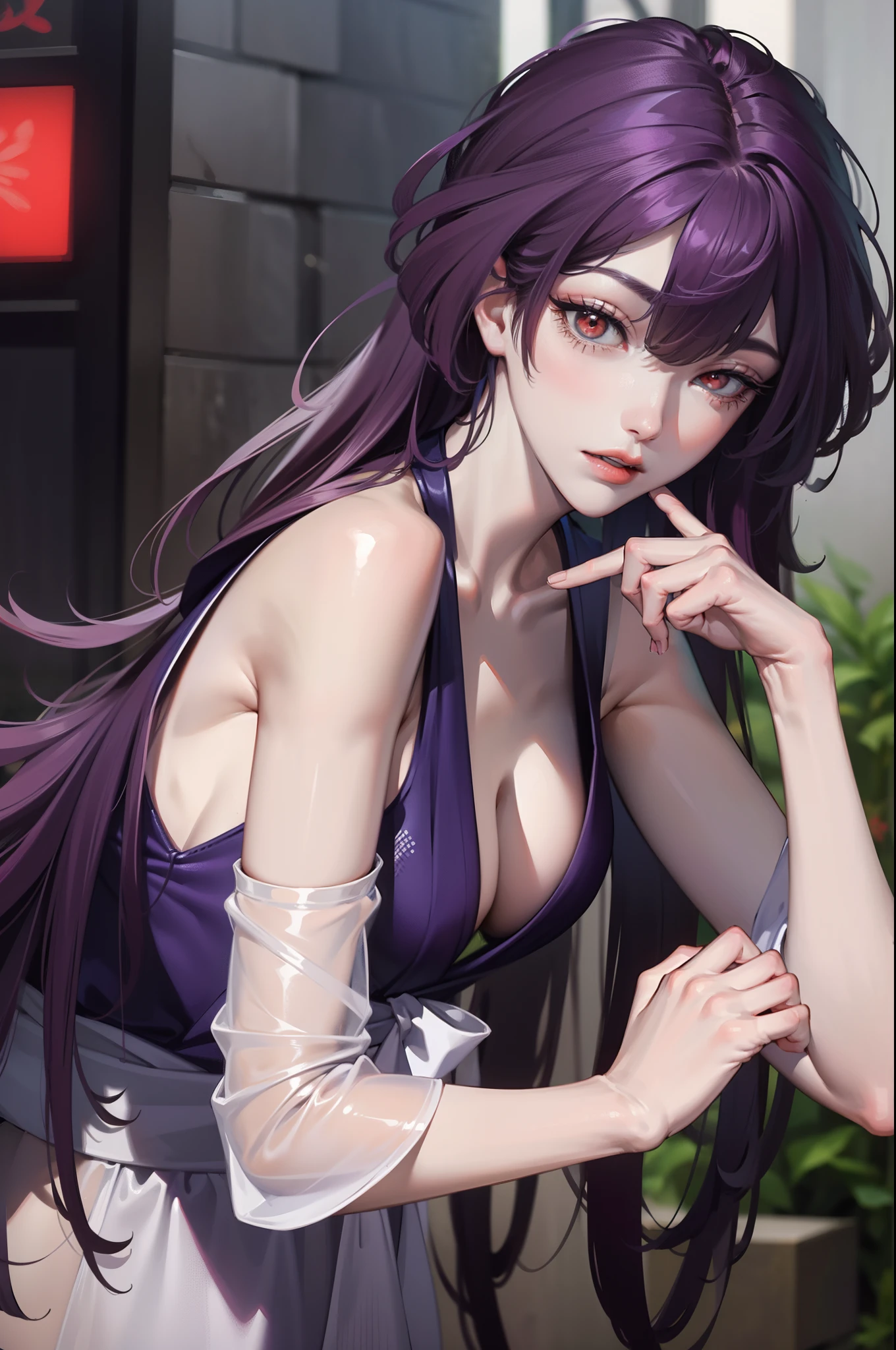 1girl, blunt bangs, braid, wide sleeves, hair decoration, japanese clothes, Obi's Red, (purple hair:1.2), very long hair, Straight Hair, looking at the scenes, extremely detailed background, (realistic photo:1.2), detailled eyes, red eyeshadow, Depth-of-field,thigh, (ulzzang-6500:0.7), Upper body, (独奏:1.2), (Cyberpunk city:1.1), cleavage, (Finger on lips:1.1),Lustrous Skin