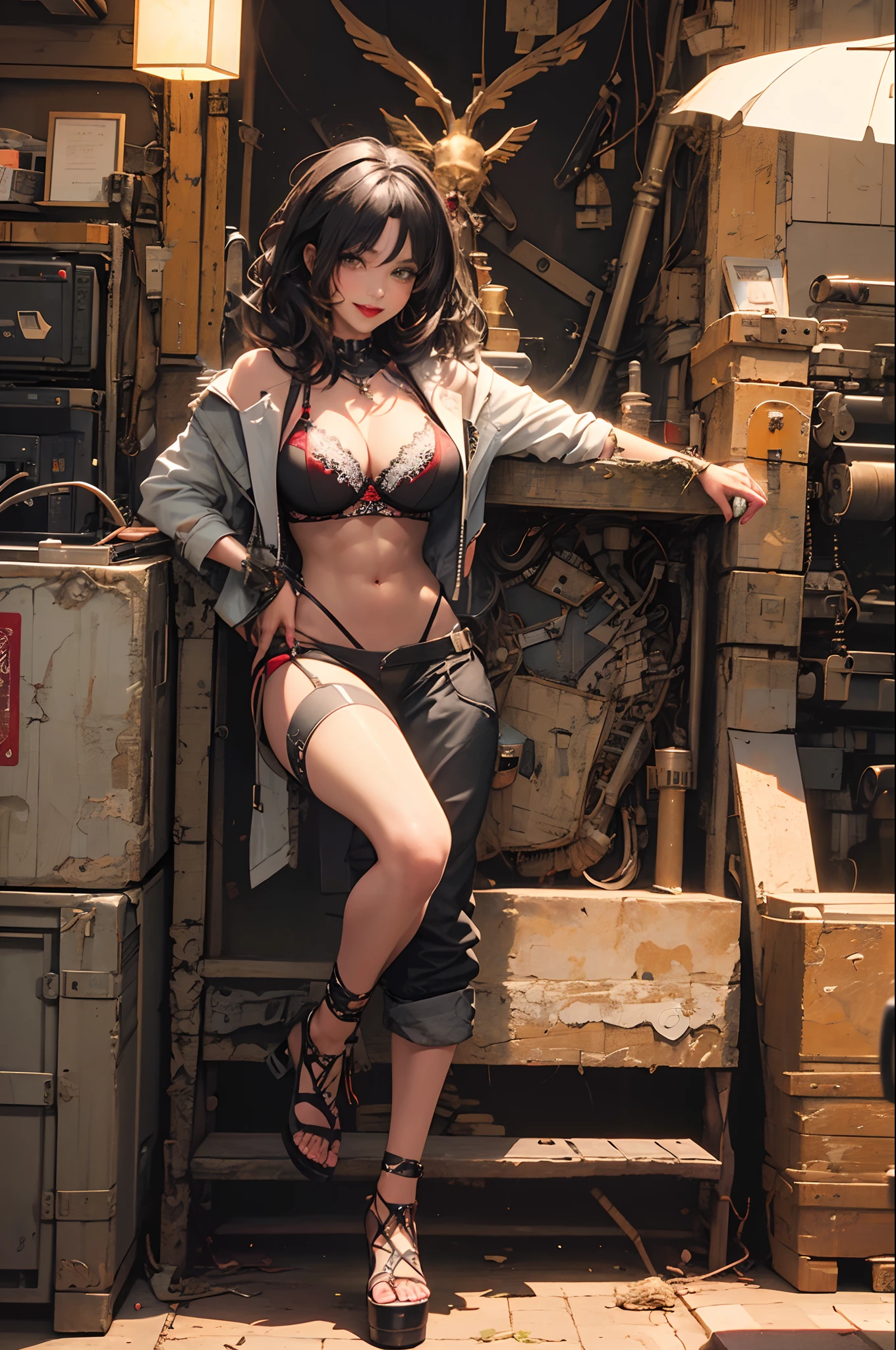 Muscular Spiky black haired girl, big lips, red lipstick, veiny, tall, full body, green eyes, wearing a bra, smiling