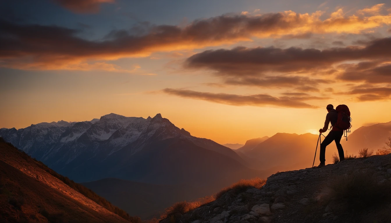 man climbing the mountain, sunset, nature, hd.