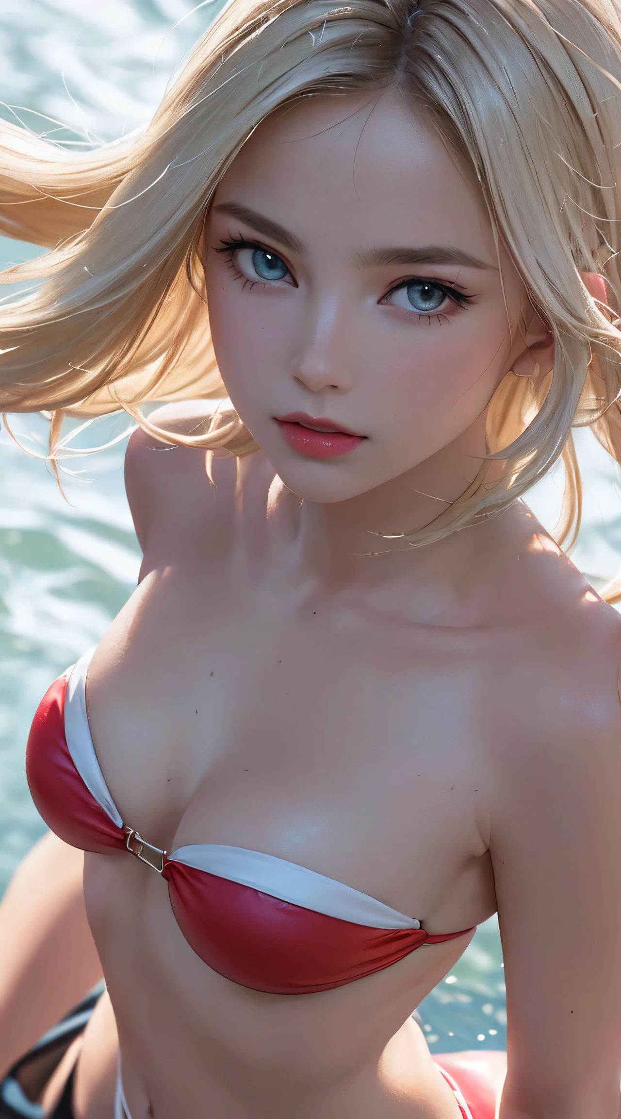 (8K, RAW Photos, of the highest quality, Masterpieces: 1.2), (Realistic, Photorealistic: 1.37), Highest Quality, Ultra High Resolution, light leaks, Dynamic lighting, Slim and smooth skin, (Full body:1.3), (Soft Saturation: 1.6), (Fair skin: 1.2), (Glossy skin: 1.1), Oiled skin, 22 years old, Night, shiny white blonde, Well-formed, Hair fluttering in the wind, (Close-up shot of face only:1.2), Physically Based Rendering, From multiple angles, all-fours, Chest is sheer, (Smaller chest:1.2), cleavage of the breast, Lower breast, (Transparent costume:1.3), Not wearing a cloak, Beautiful eyes,Break HA,(8K, RAW Photos, of the highest quality, Masterpieces: 1.2), (Realistic, Photorealistic: 1.37), Highest Quality, Ultra High Resolution, focused eyes, light leaks, Dynamic lighting, Slim and smooth skin, (Full body:1.3), (Soft Saturation: 1.6), (Fair skin: 1.2), (Glossy skin: 1.1), (Oiled skin:1.2), 18 years old, Night, plein air, Strong morning light from the front, BREAK, shiny white blonde, Well-formed, Hair fluttering in the wind, (Close-up shot of face only:1.2), Physically Based Rendering, From multiple angles, (Cute:1.2), Beautiful hair blown in the wind, all-fours, Chest is sheer, Well equipped, Sheer, Transparent, Glittering Gemstones, beautiful body shape, It features a simple, BREAK, Hair volume decreases towards the ends of the hair, Beautiful skin without blemishes, (Thin shiny red little bikini:1.2), Sparkly lips, The air is clear, shiny white blonde hair, Light is coming in from various directions, Hair through intense light, (Erotic:1.3), (Bare chest:1.2), (Small breasts:1.2), Under the breasts, narrowwaist, narrow shoulders, gazing at viewer, Big smile, spring, Bathing, Very small cloth, thighs thighs thighs thighs, Put your hands on your chest with embarrassment and embarrassment,