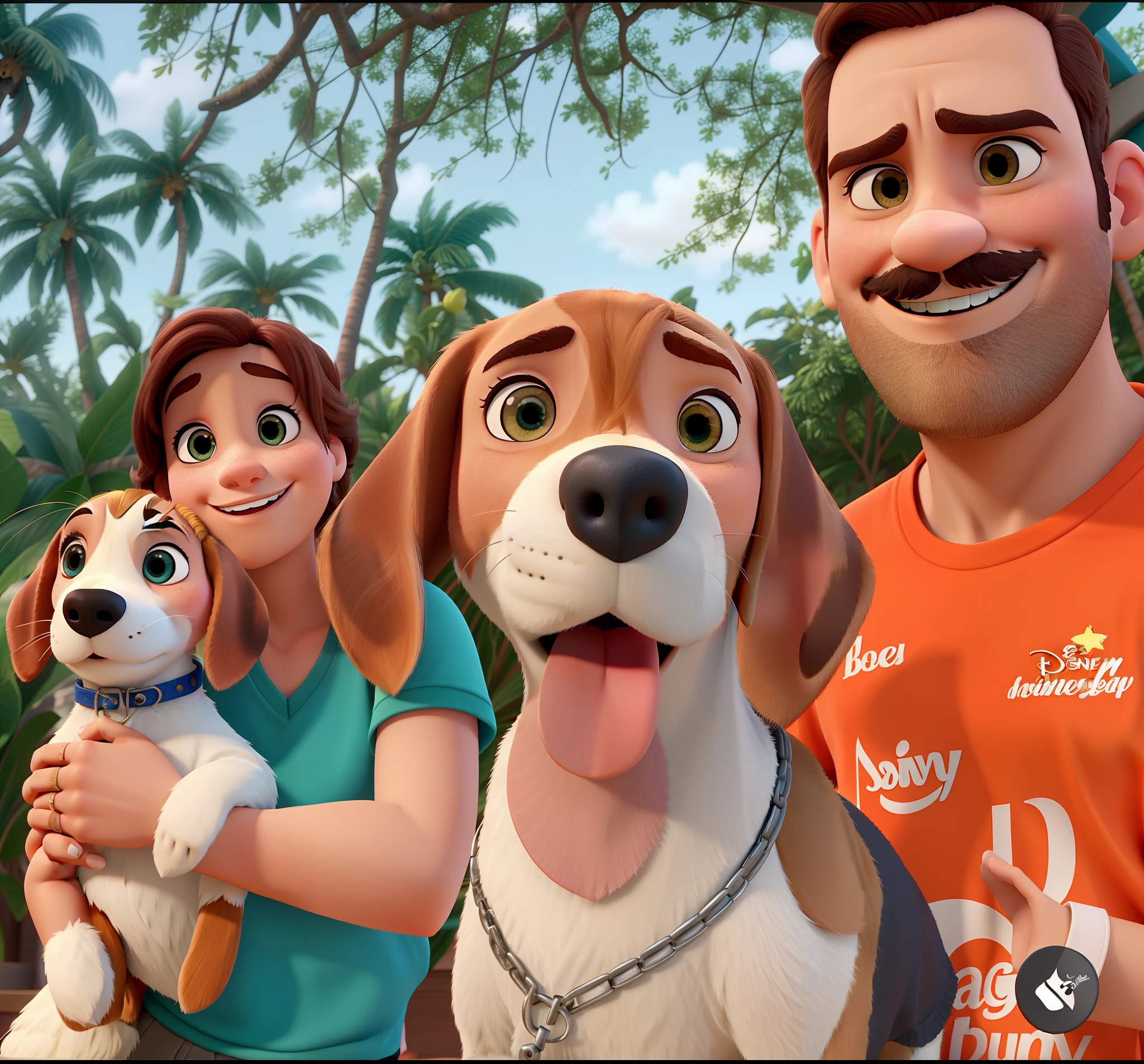Um homem, uma mulher e duas beagles estilo Disney pixar, alta qualidade, melhor qualidade