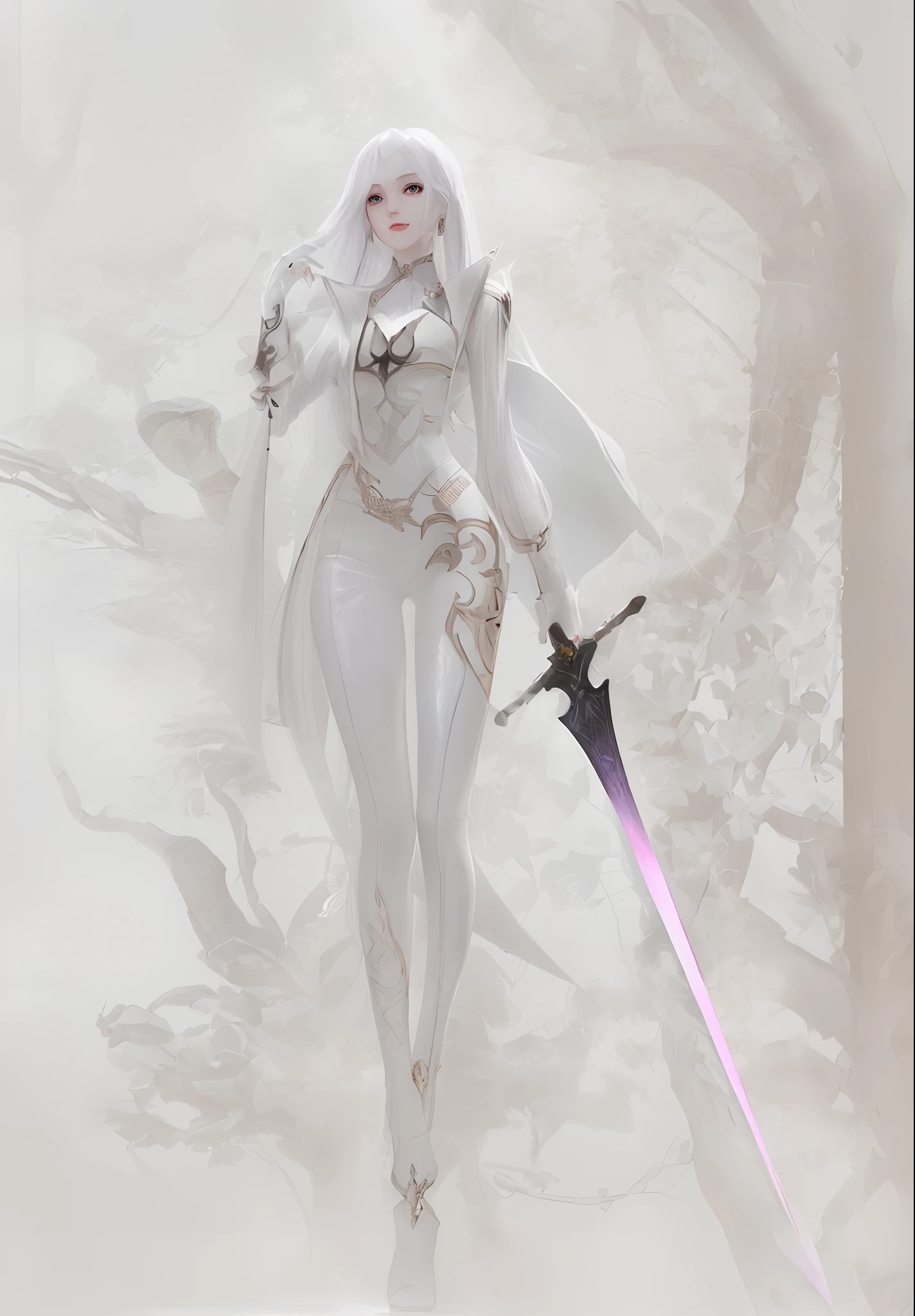 a woman in a white shirt and black pants holding a sword, por Yang J, Estilo Lineage 2 Revolution, epic exquisite character art, arte de personagem impressionante, personagem posando para arte conceitual, Conceito de personagem do Shadowverse, inspirado por Li Chevalier, bela arte conceitual de corpo inteiro, personagem de arte conceitual, design de personagens de fantasia, design de personagem de alta qualidade, ( ( arte conceitual do personagem ) )