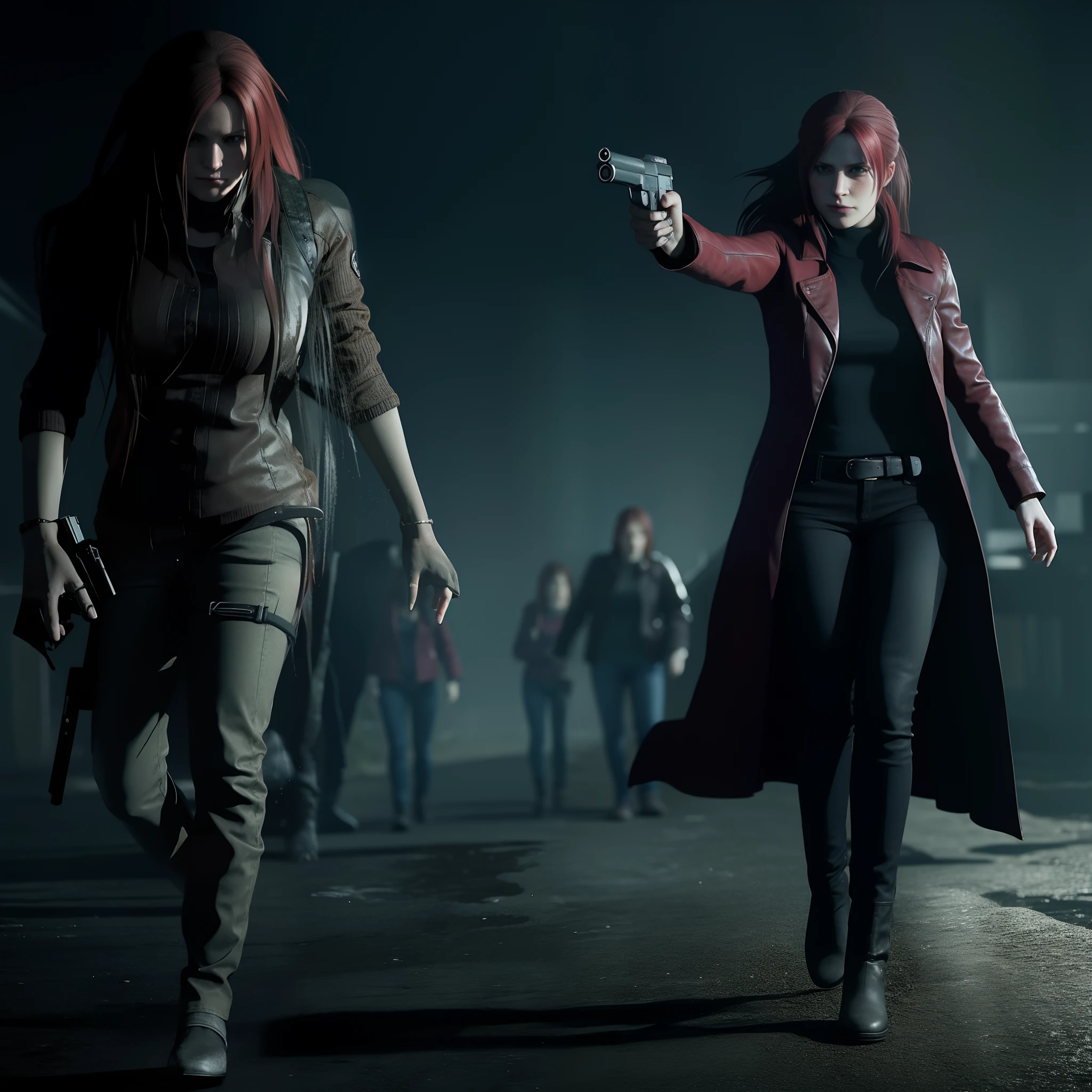 Claire Redfield 40 years old, beautiful face, shy, looking at viewer, very long red hair, perfect Face, black jeans, red long coat with black t-shirt, red nail polish, friendly face, glare, holding a gun
