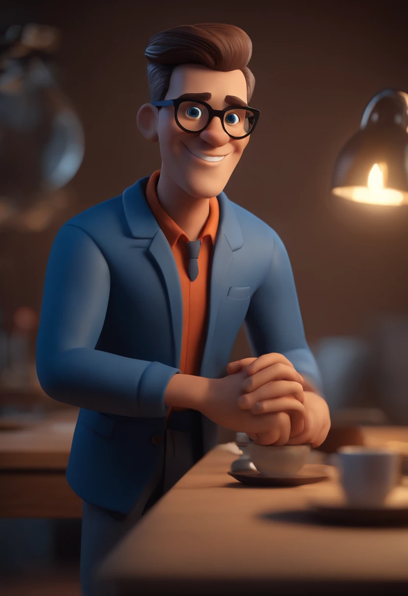 Cartoon character of a man with black glasses and a blue shirt, animation character, Caractere estilizado, animation style rendering, 3D estilizado, Arnold Maya render, 3 d render stylized, toon render keyshot, Personagem 3D, Personagem 3D, 3d rendering stylized, 3 d character render, personagem de desenho animado, Personagem de close up, Pose de personagem, (Estilo Pixar) (master part:1.2) (Bokeh) (best quality) (pele detalhada) (textura detalhada) (8k) (argila) (Cinematic lighting) (foco nítido