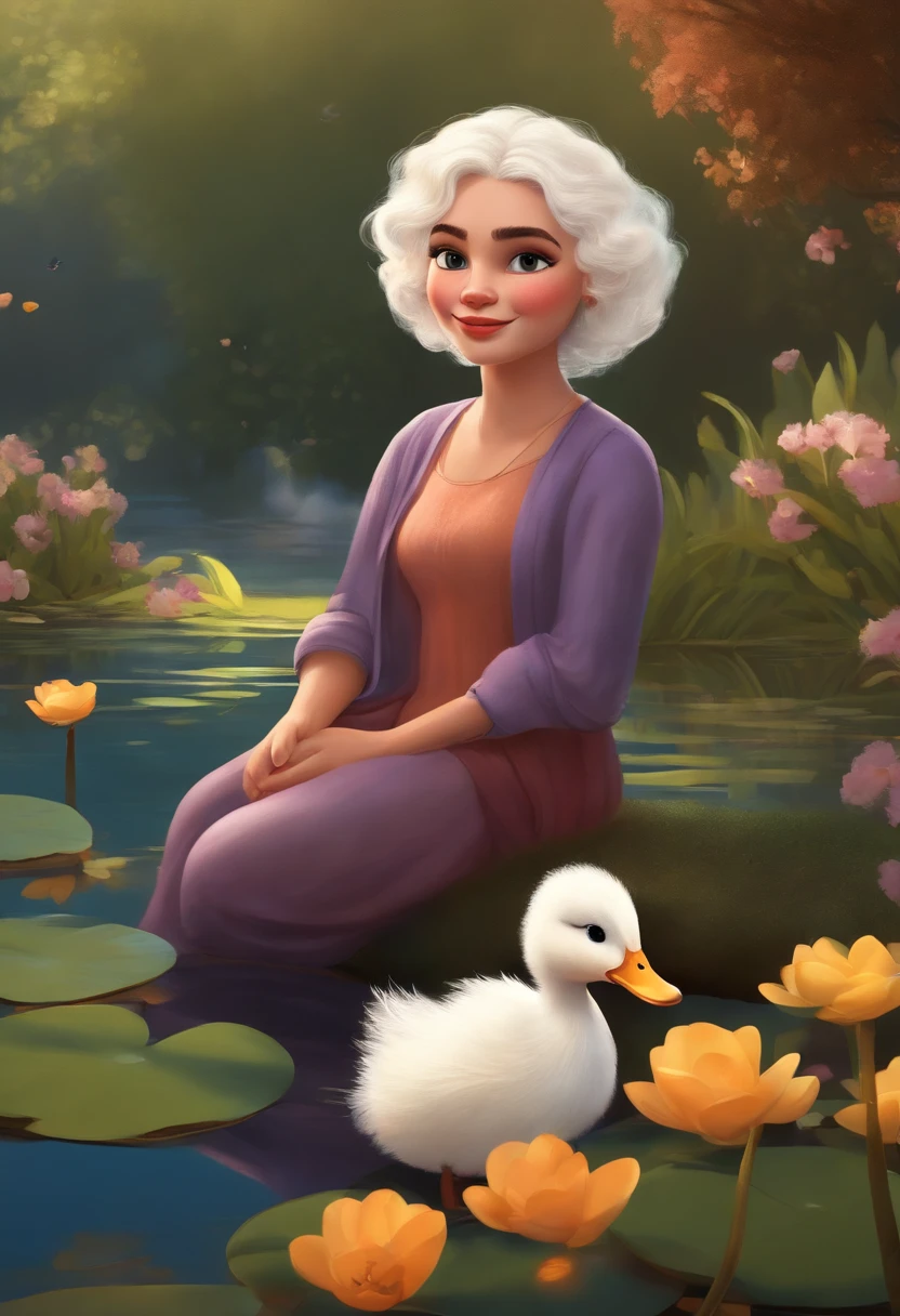 Pixar style cartoon image, girl, white curly hair, black eyes, with duckling on lap, near a pond with flowers around, a tree with elongated branches, leaning against the lake water