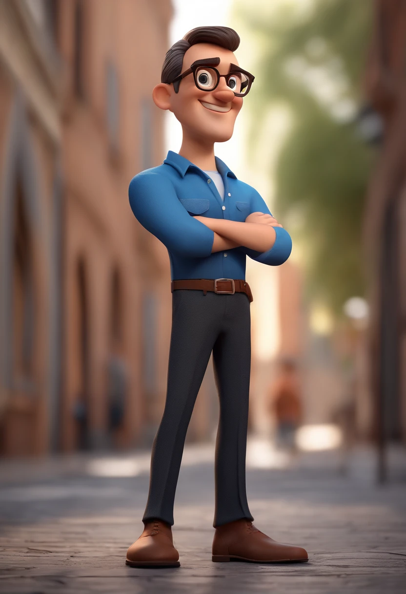Cartoon character of a man with black glasses and a blue shirt, animation character, Caractere estilizado, animation style rendering, 3D estilizado, Arnold Maya render, 3 d render stylized, toon render keyshot, Personagem 3D, Personagem 3D, 3d rendering stylized, 3 d character render, personagem de desenho animado, Personagem de close up, Pose de personagem,  (Estilo Pixar) (master part:1.2) (Bokeh) (best quality) (pele detalhada) (textura detalhada) (8k) (argila) (Cinematic lighting) (foco nítido