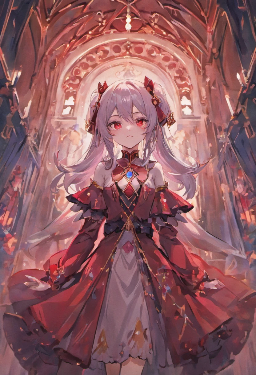 "Depict a  girl from a vampire family wearing royal costumes with deep red eyes and silver hair with white background"