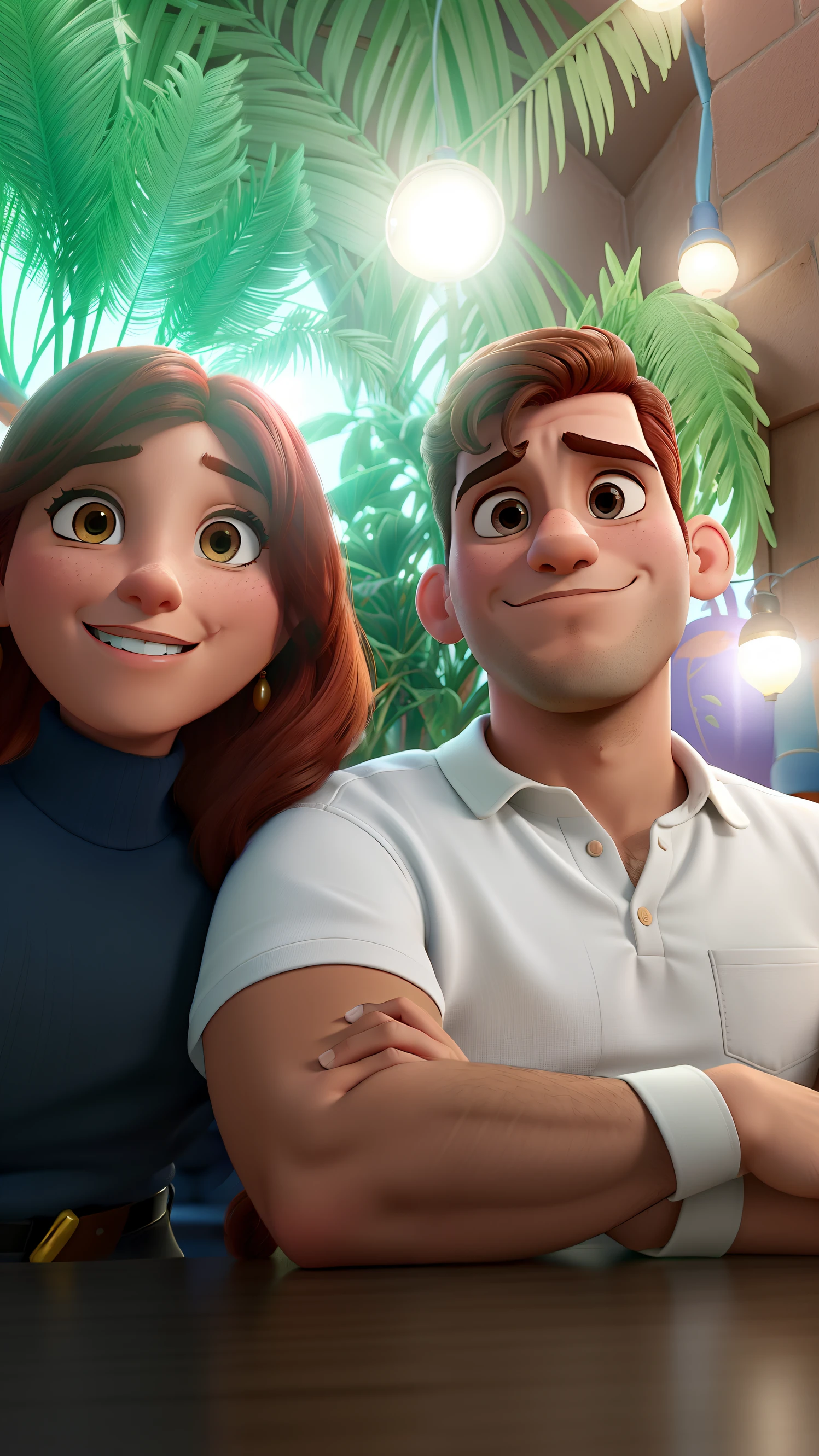 Casal (homem moreno e mulher branca) no estilo Disney Pixar, alta qualidade, melhor qualidade.