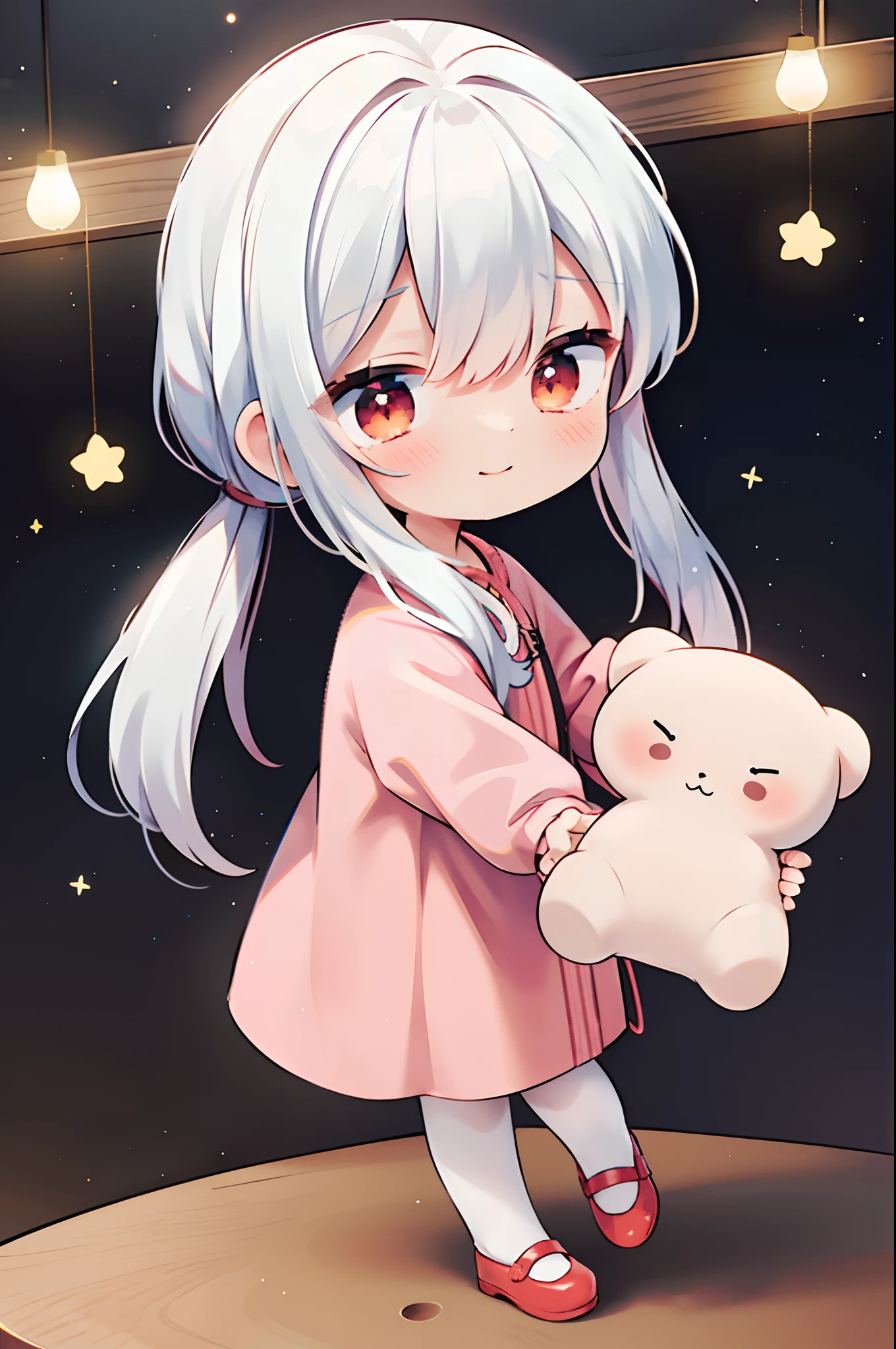 Place one small doll on a circular stand、A smile、Chibi Doll、Stars in the eyes(kirakira)、Pastel colors、Raise your right hand、Eye Up、Laugh、Cute red shoes、Ultra Detail, radiant light、bio luminescent、Taken from the side、Stronger bokeh effect