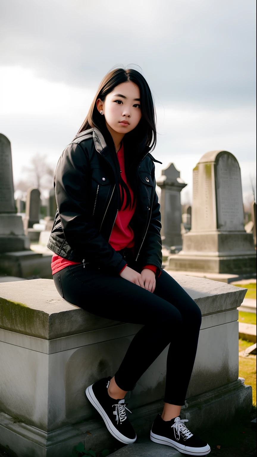 a girl in black jeans, wearing a red jacket over a white blouse, sitting on top of an ancient stone tomb in an abandoned cemetery