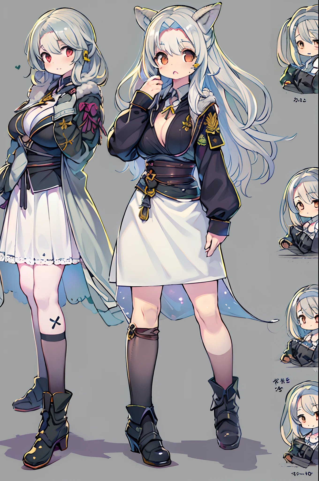 masutepiece, Great fashion, (Fashion Costumes), (Illustration), (2 people),(2girls:1.3) 、-yeld yo couple, lesbian、Girls to girls、(Russian mil style), Fashion, Silver hair, (Long hair), (hair messy), (White skin), (dark circles), Handsome, Dance Steps, trending, dark gray,, close up, (grand background), (Chiaroscuro)), Fine facial details, Facial details, Cinematic lighting, (depth of fields), nffsw, (Upper body), Black background、(Chibi:1.5)
