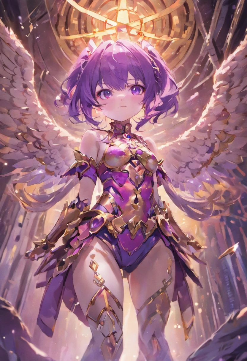 (((masterpiece)))、((top-quality))、(The ultra-detailliert)、(CG Illustration)、(an extremely devious and beautiful))、Cinematic Light、((1little girl))、Single、Armor with a skeleton design、Skeletons on both shoulders、armor on the arms、Chest armor、The abdomen is visible skin、armor on the waist、Armor below the thighs、Purple long hair、 Big purple eyes、animesque「Japan face」、科幻小说、End Times、