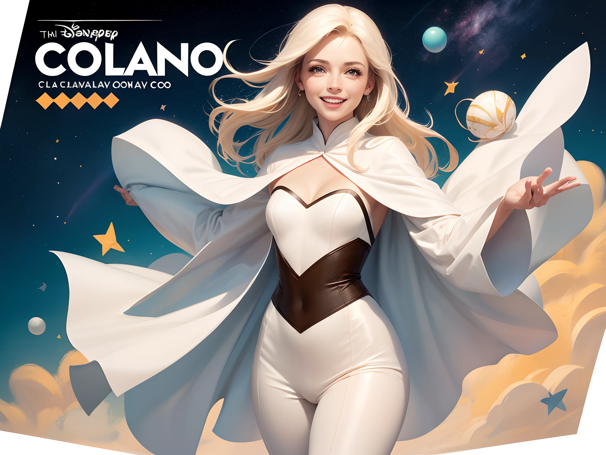 Create a Disney-style poster featuring a 40-year-old female character, Professora, cabelos cor castanho claro na altura do ombro, sorriso feliz. Roupa de confeiteira. Com livros, bolsa e quadro branco
