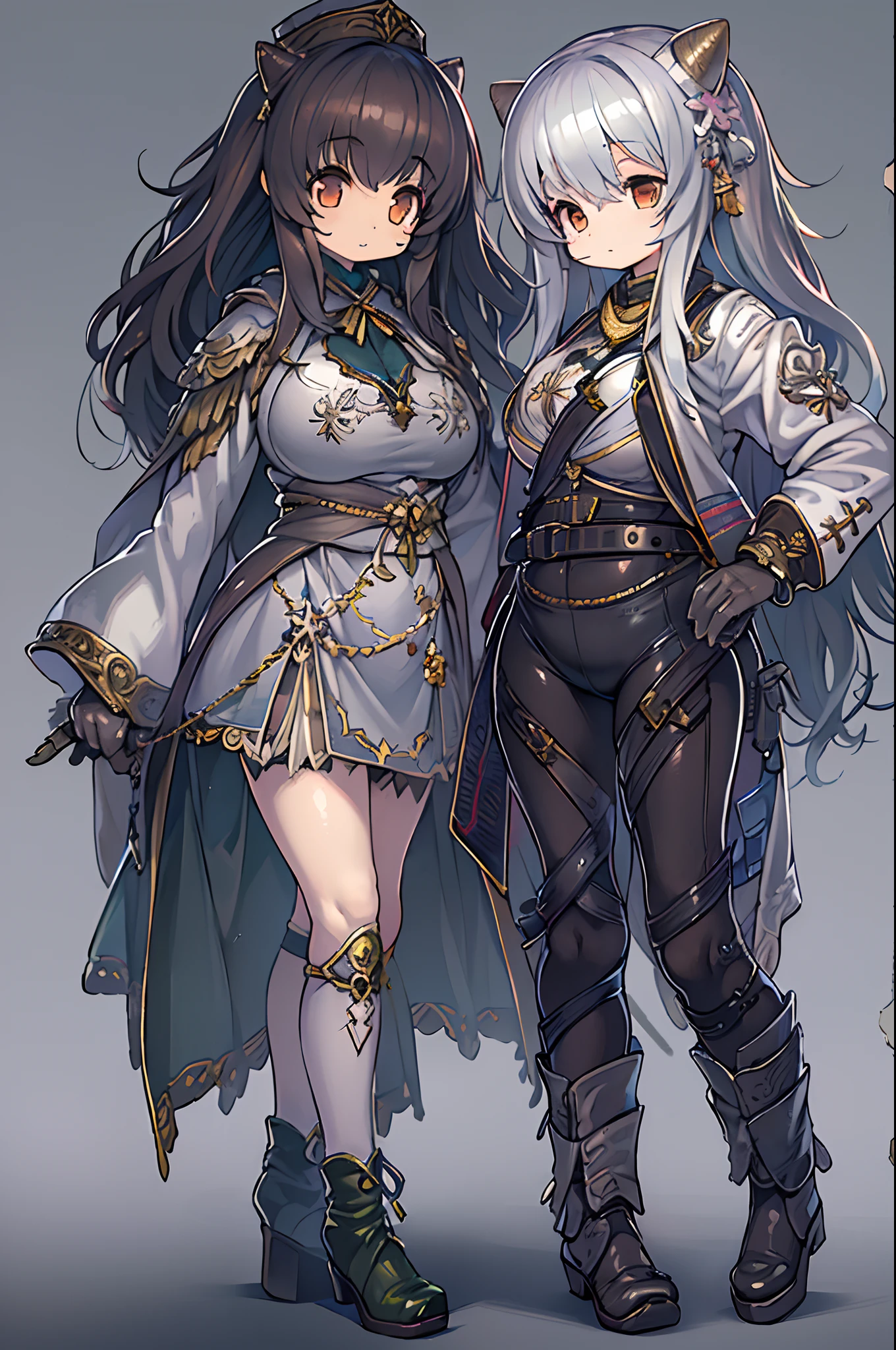 masutepiece, Great fashion, (Fashion Costumes), (Illustration), (2 people),(2girls:1.3) 、-yeld yo couple, lesbian、Girls to girls、(Russian mil style), Fashion, Silver hair, (Long hair), (hair messy), (White skin), (dark circles), Handsome, Dance Steps, trending, dark gray,, close up, (grand background), (Chiaroscuro)), Fine facial details, Facial details, Cinematic lighting, (depth of fields), nffsw, (Upper body), Black background、(Chibi:1.5)