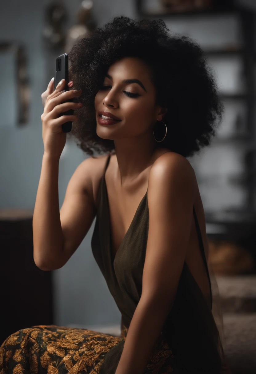 Uma garota de cabelo preto com sinal perto no nariz sorrindo segurando um celular como estivesse gravando e sorrir