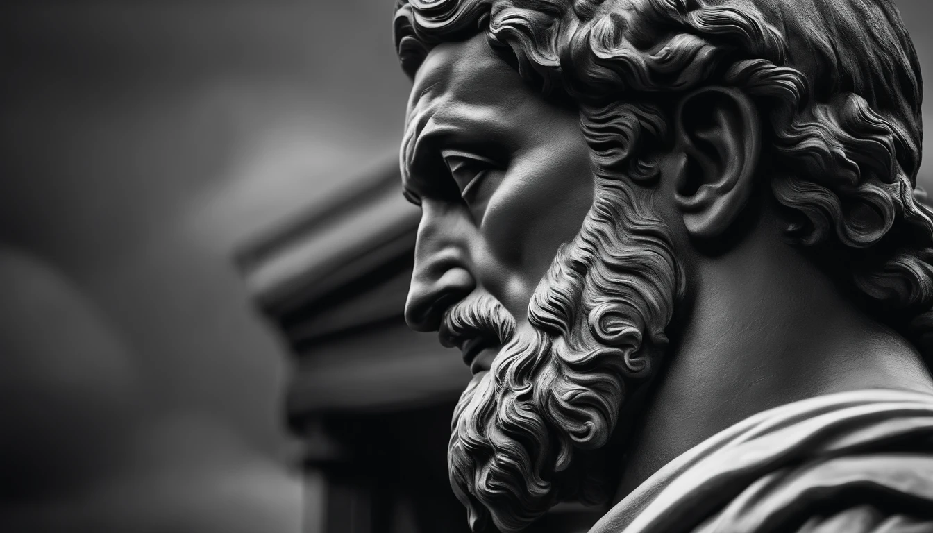 a portrait statue of the stoic Seneca in black and white 4K,face lateral, papel de parede super realista