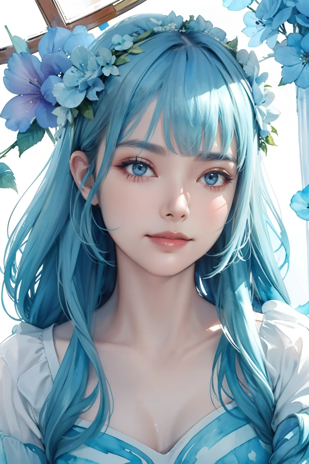 1girl, wearing hydrangea blue flower crown on her head, Lisianthus ,in the style of light blue and cobalt, dreamy and romantic compositions, pale pink, ethereal foliage, playful arrangements,fantasy, high contrast, ink strokes, explosions, over exposure, blue and light blue tone impression , abstract, ((watercolor painting by John Berkey and Jeremy Mann )) brush strokes, negative space