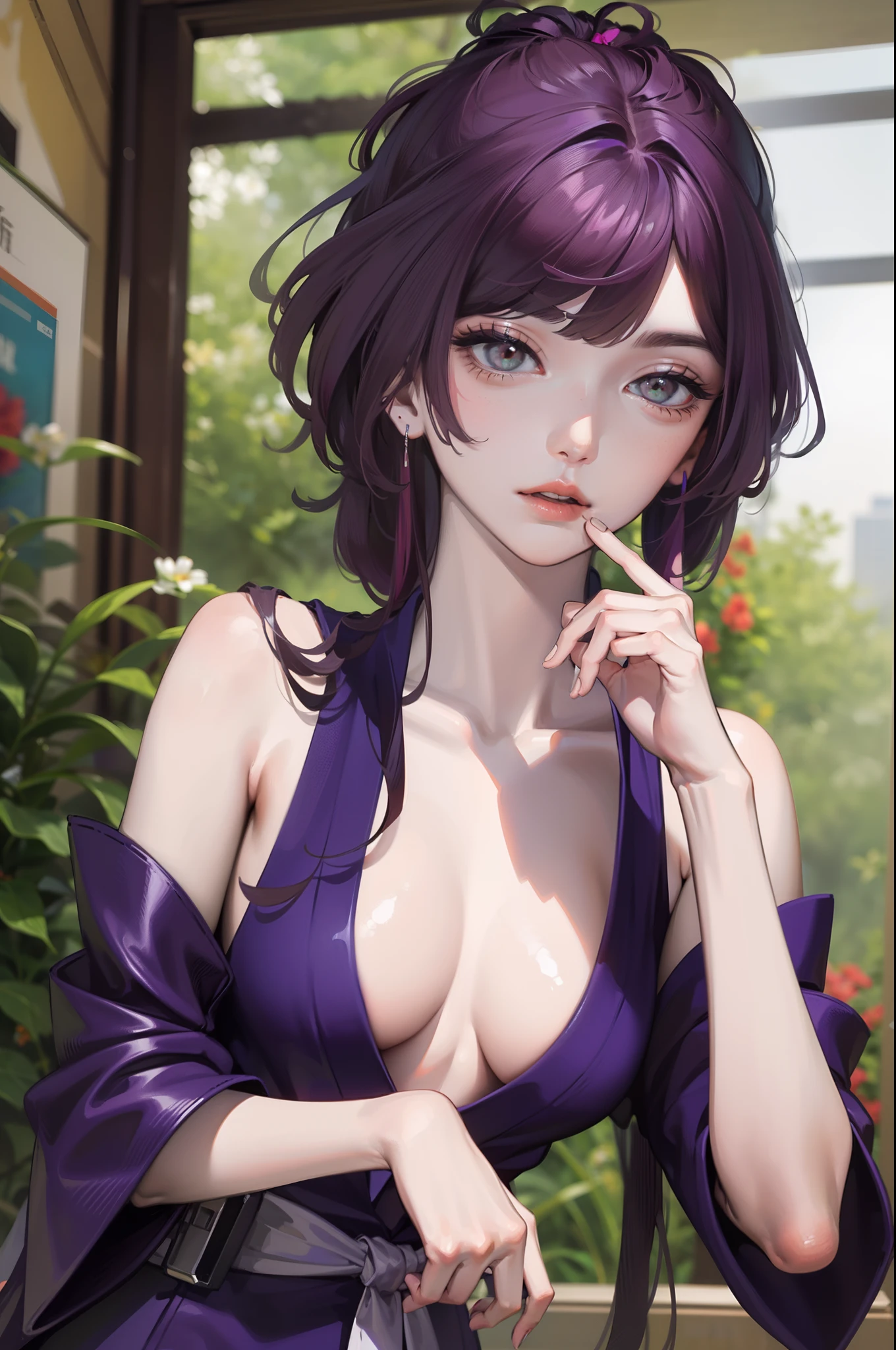 1girl, blunt bangs, braid, wide sleeves, hair decoration, japanese clothes, Obi's Red, (purple hair:1.2), very long hair, Straight Hair, looking at the scenes, extremely detailed background, (realistic photo:1.2), detailled eyes, red eyeshadow, Depth-of-field，thigh, (ulzzang-6500:0.7), Upper body, (独奏:1.2), (Cyberpunk city:1.1), cleavage, (Finger on lips:1.1),Lustrous Skin