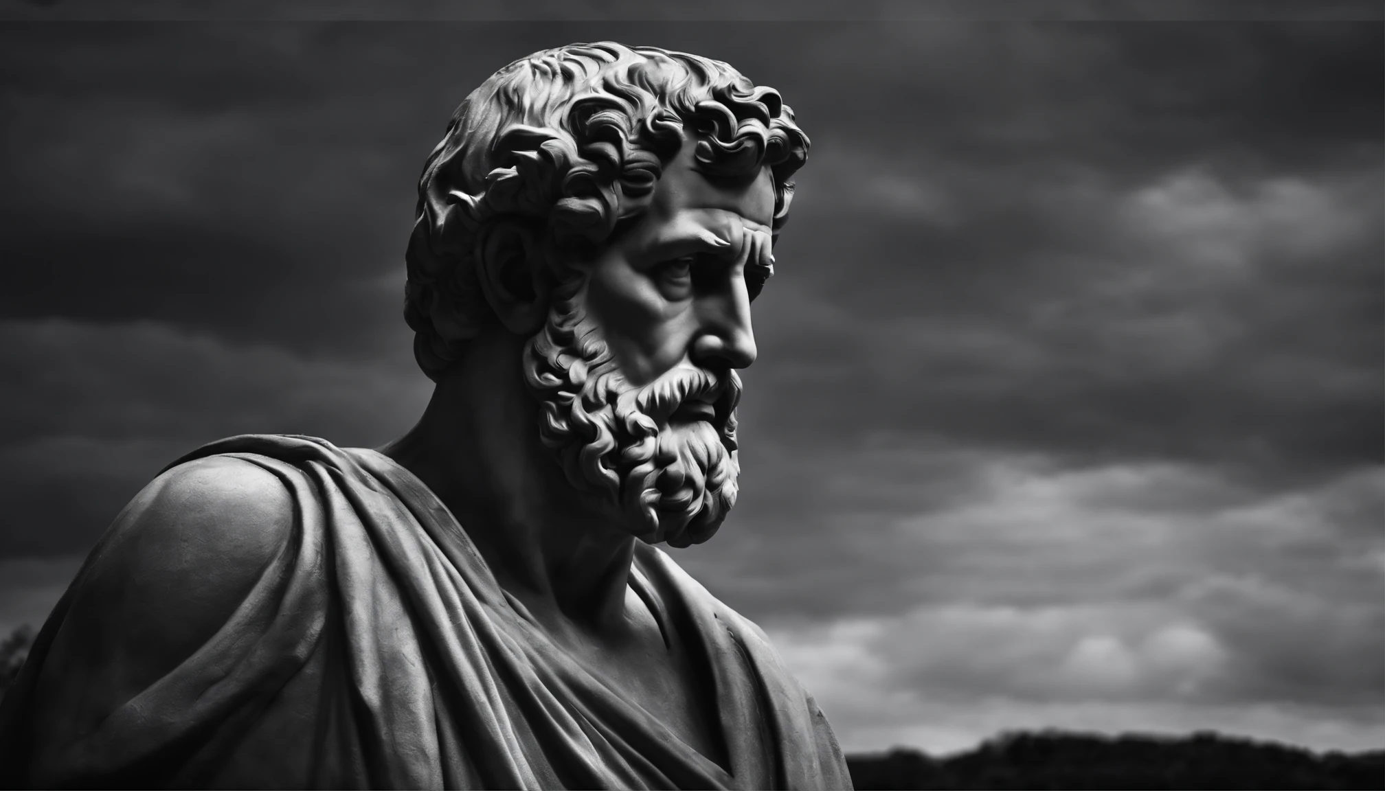 a portrait statue of the stoic Seneca in black and white 4K,face lateral, papel de parede super realista