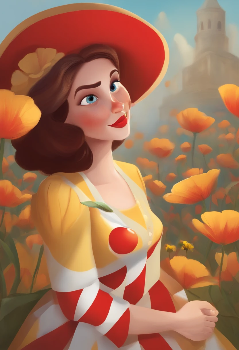 A Disney Pixar-inspired movie poster titled Generosa. A middle-aged woman, wearing clown makeup, red nose, red mouth, no eye makeup, red hat with a yellow flower. White skin, straight brown hair above the shoulders, parted in the middle and a red and black checkered dress. The scene should open, showing the whole body, in a hospital with some children in a circle, transmitting peace and happiness, in a digital art style distinct from Pixar
