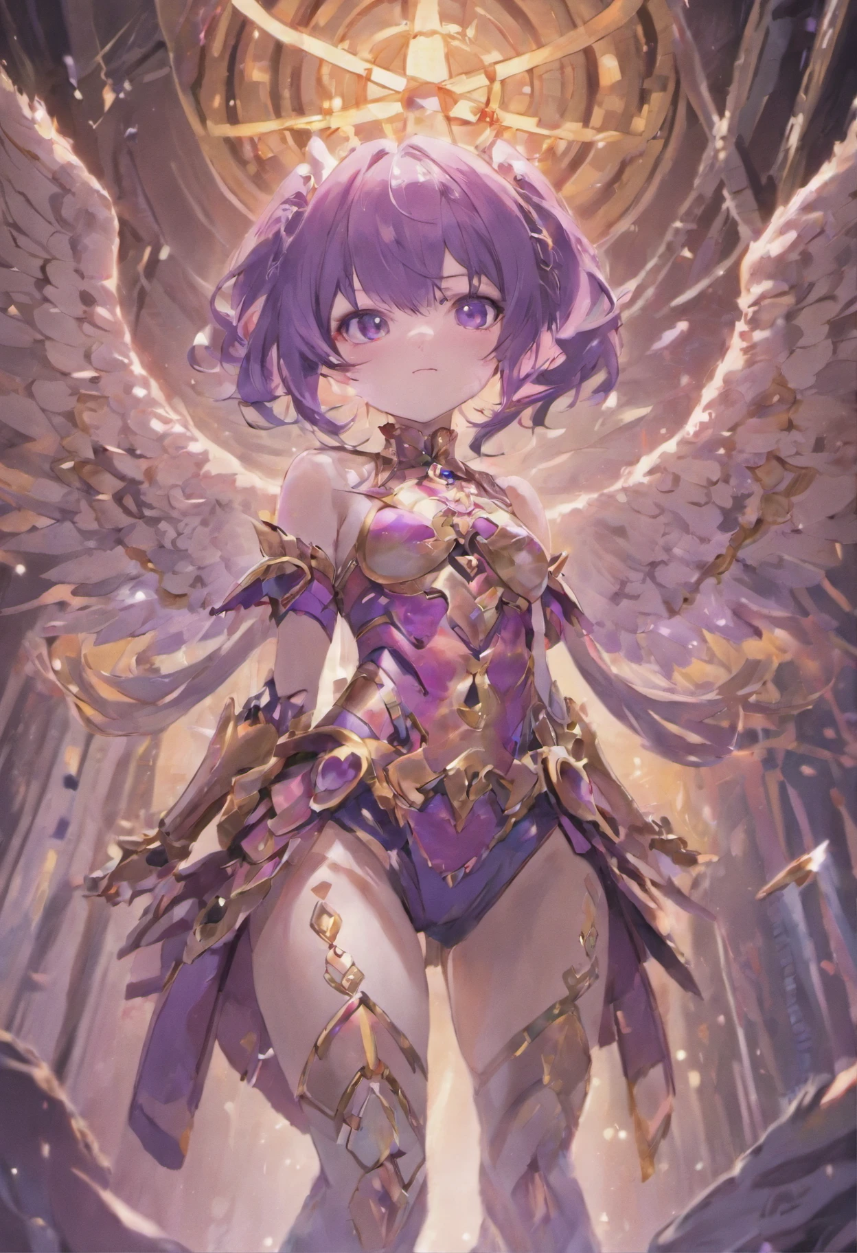(((​masterpiece)))、((top-quality))、(The ultra-detailliert)、(CG Illustration)、(an extremely devious and beautiful))、Cinematic Light、((1little girl))、Single、Armor with a skeleton design、Skeletons on both shoulders、armor on the arms、Chest armor、The abdomen is visible skin、armor on the waist、Armor below the thighs、Purple long hair、 Big purple eyes、animesque「Japan face」、scientific fiction、End Times、
